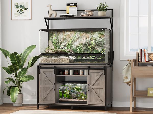 VOWNER Farmhouse Reptile Tank Stand with Power Outlet, 48" X 24" Tabletop Fits up to 120 Gallon Bearded Dragon Tank, Heavy Duty Aquarium Stand with Storage Cabinet, Reptile Turtle Terrarium Stand