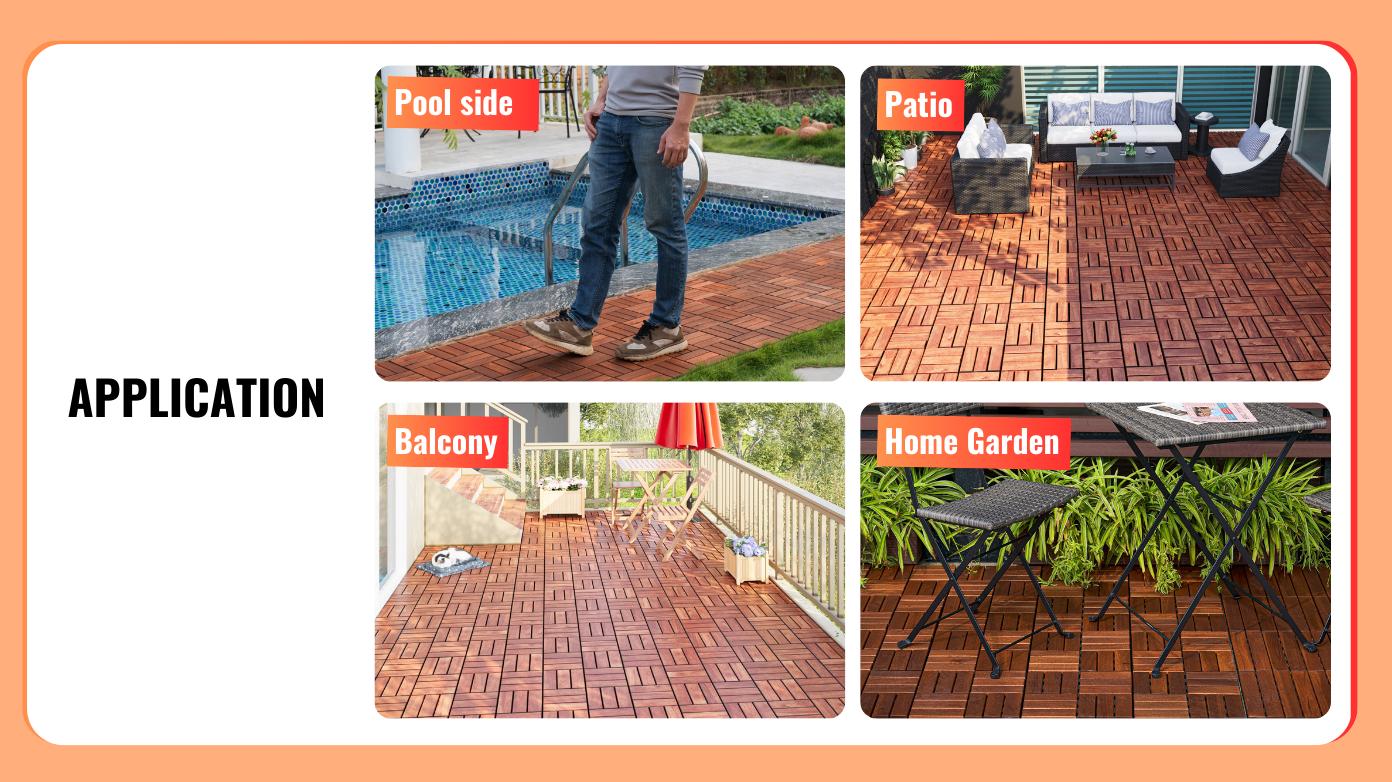 Acacia Wood Interlocking Deck Tiles Checker Pattern, 30 PCS 12" x 12" Square Acacia Hardwood Outdoor Flooring for Patio, Bancony, Pool Side