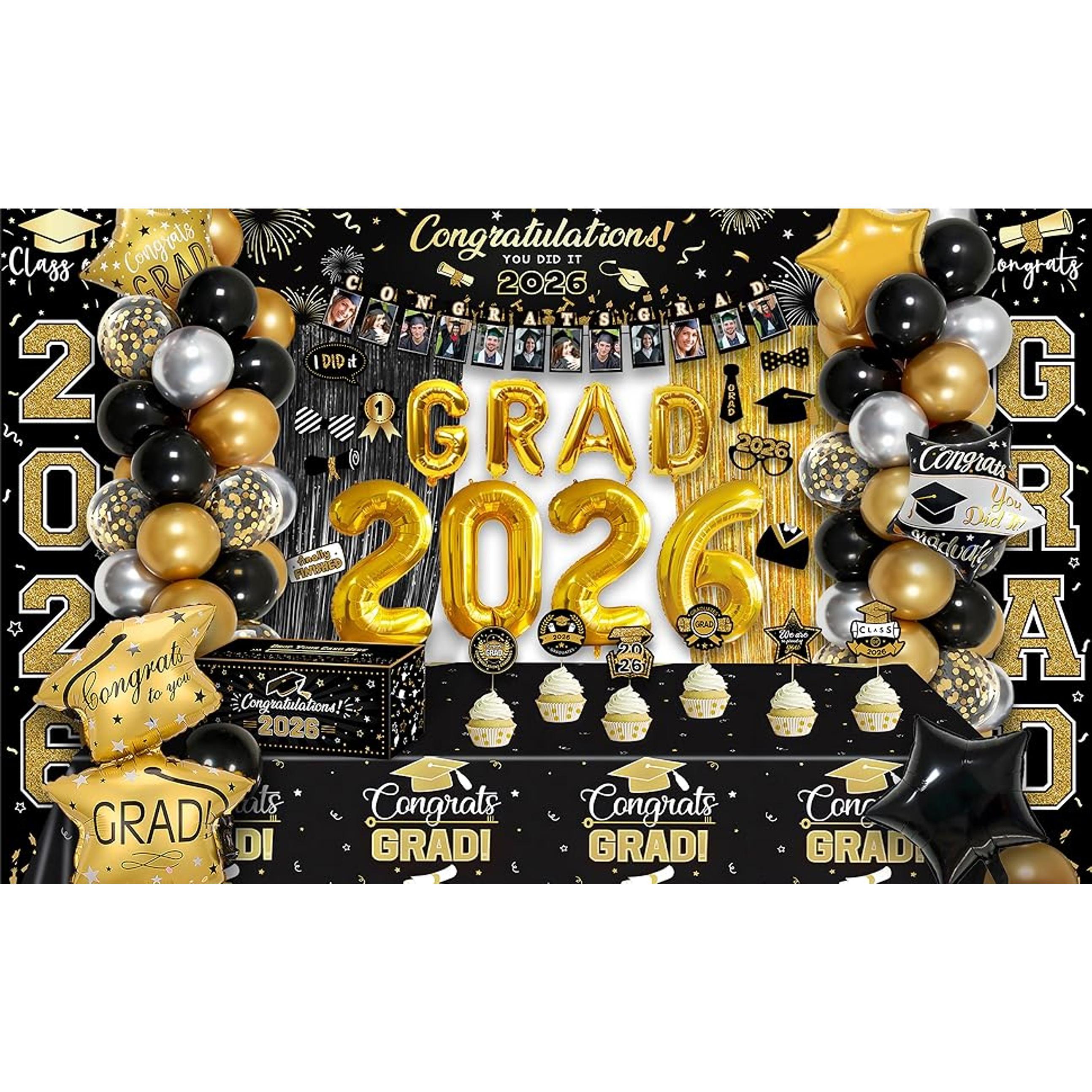 125-Piece Black and Gold Graduation Decorations Pack, 2026 Class Congrats Grad Supplies Set with Photo Banners, Tablecloth, Balloons, Cake Toppers, Decorations Supplies, Party, Box, Balloon Arches, 12” Latex Balloons