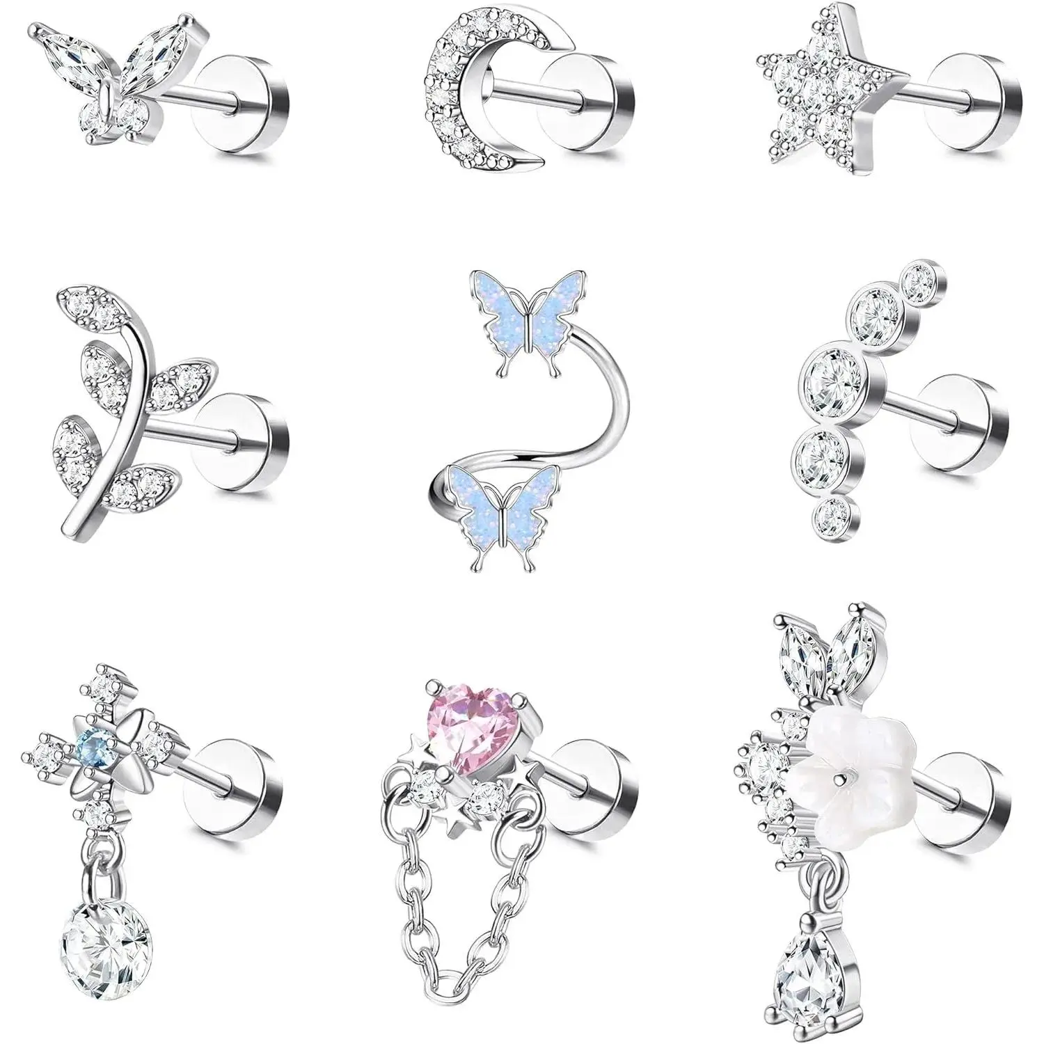 Bobisty 1PC 16G Cartilage Earrings Helix Earrings for Women Stainless Steel Helix Piercing Jewelry Leaf Butterfly CZ Studs