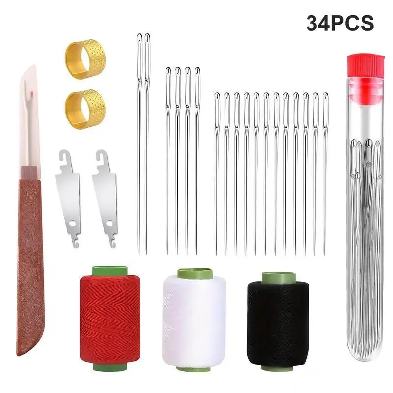 Christmas Gift 34PCS Hand Sewing Needles Set with Self-Threading & Large-Eye Steel Needles for Mending Quilting Embroidery Includes Thread Spools and Accessories