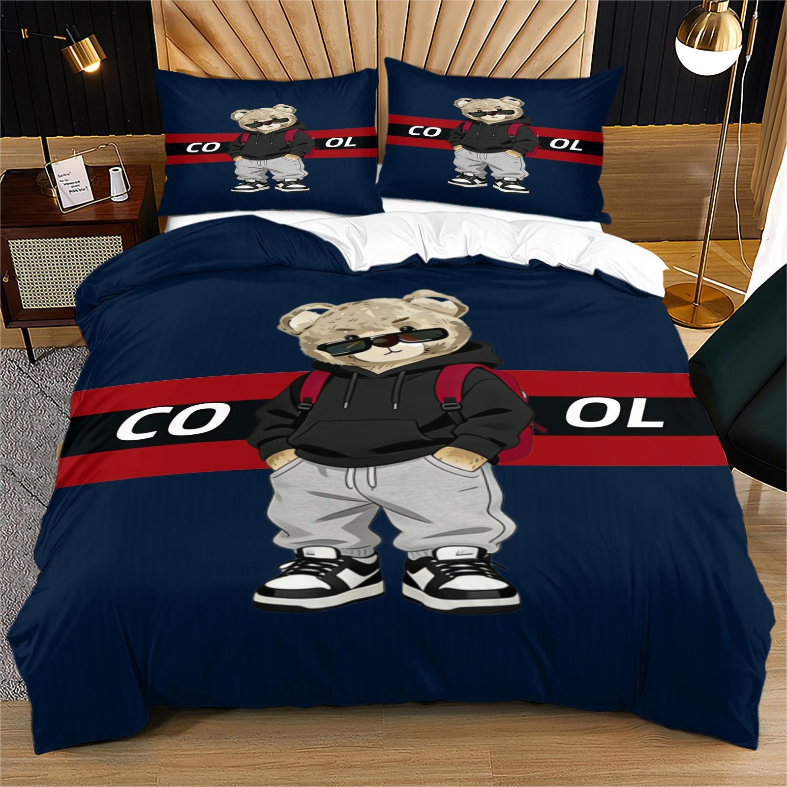 Trendy Bear Print Quilt Cover Set, includes 1 quilt cover and 1 or 2 pillowcases, does not include quilt or pillow inserts, suitable for bedroom or dormitory bedding sets, ideal for gifting or personal use