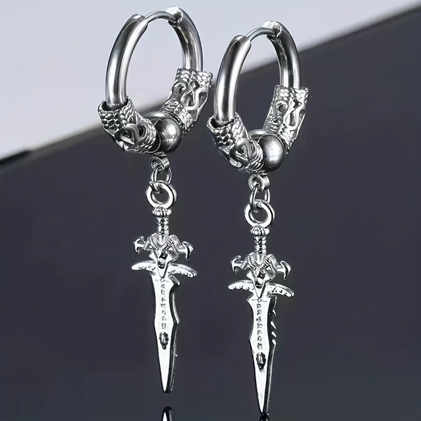 Stainless Steel Dragon Coil Sword Drop Hoop Earrings - Unisex Punk Hip Hop Female Statement Jewelry, All Seasons Daily Wear for Unique Look