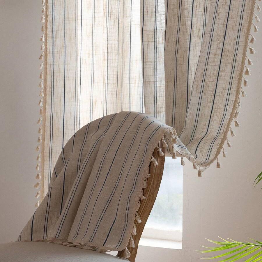 Luxurious Cotton Linen Drapes with Fringe Trim, Semi-Transparent Noise-Dampening UV Protection Curtain for Living Room & Bedroom