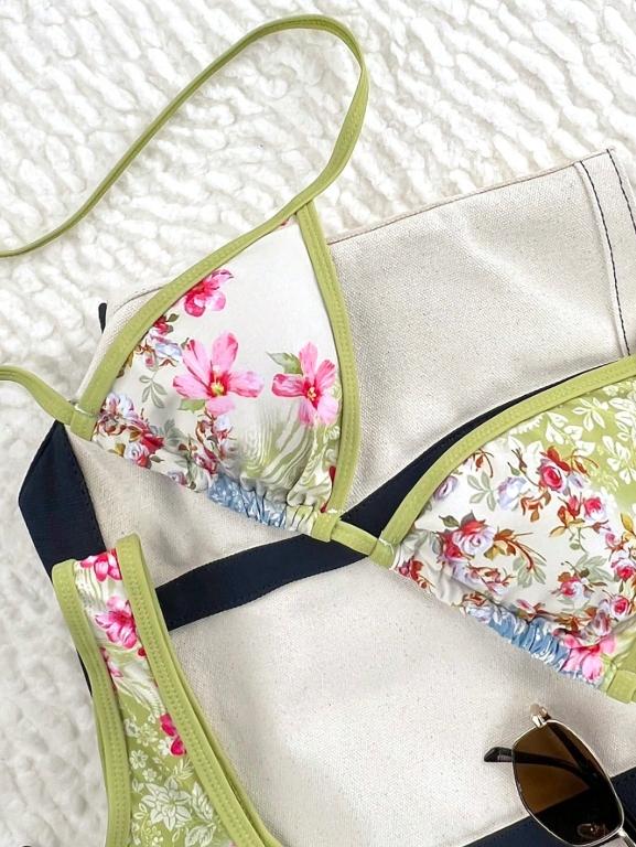 Adjustable Thin Strap Printed Floral Bikini Set for Women, 2026 Spring & Summer Lightweight Breathable Beach Vacation Swimwear