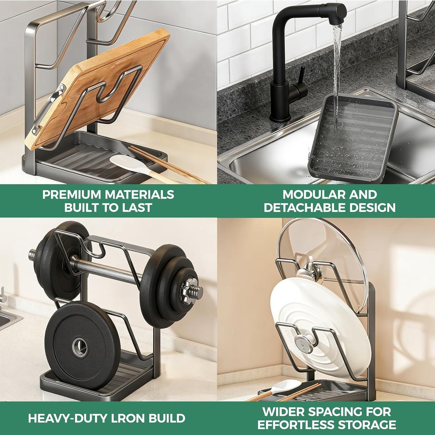 Kitchen Pot Lid Storage Rack, 2026 Upgraded Multi-Functional Pot Lid Organizer, Cooking Lid Holder with Detachable Drip Tray