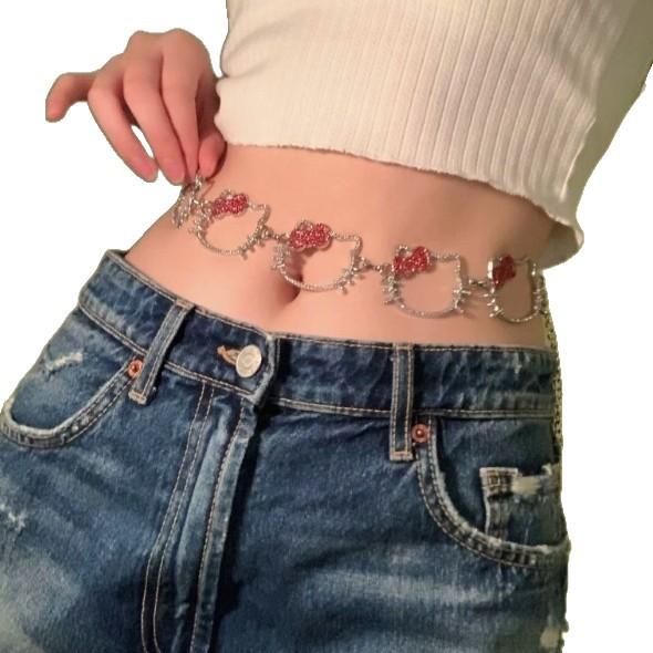 Sweet and cool girl cat waist chain, Y2K babe style metal belt with glittering diamonds, fashionable and unique accessory for skirts.