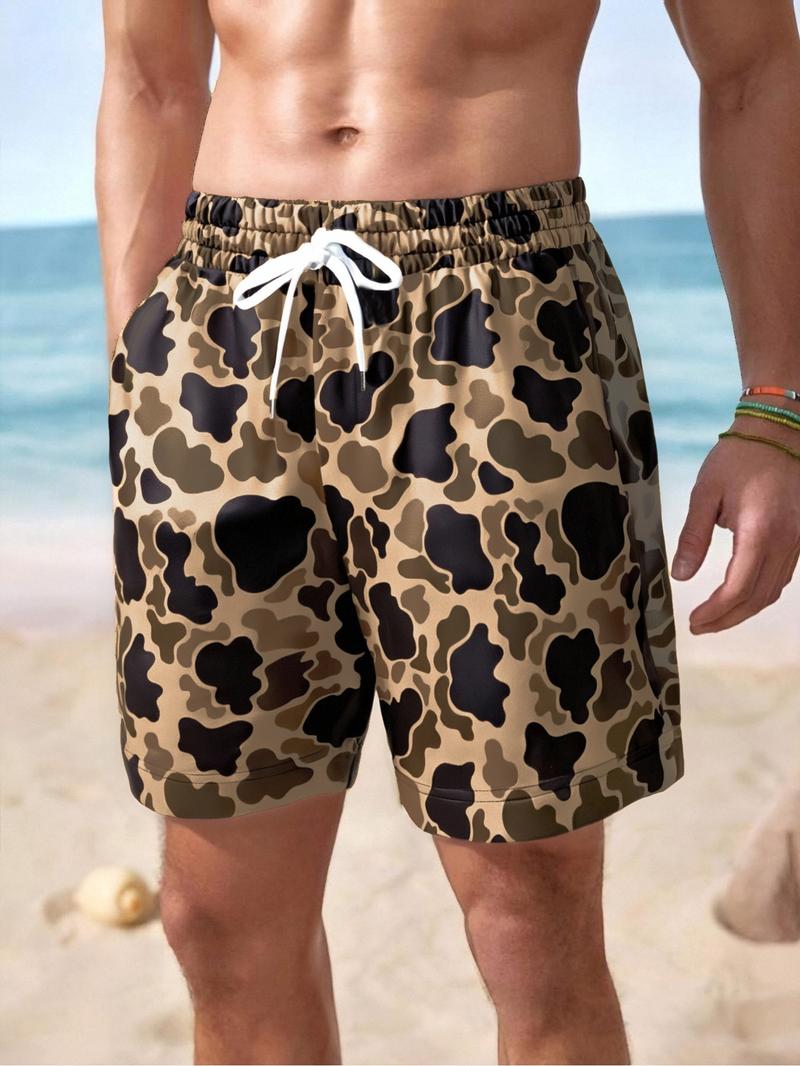 Men's Regular Fit Camo Print Drawstring Waist Beach Shorts, Camo Swim Trunks, Casual Comfy Breathable Swim Shorts for Summer, Men's Shorts for Beach Vacation