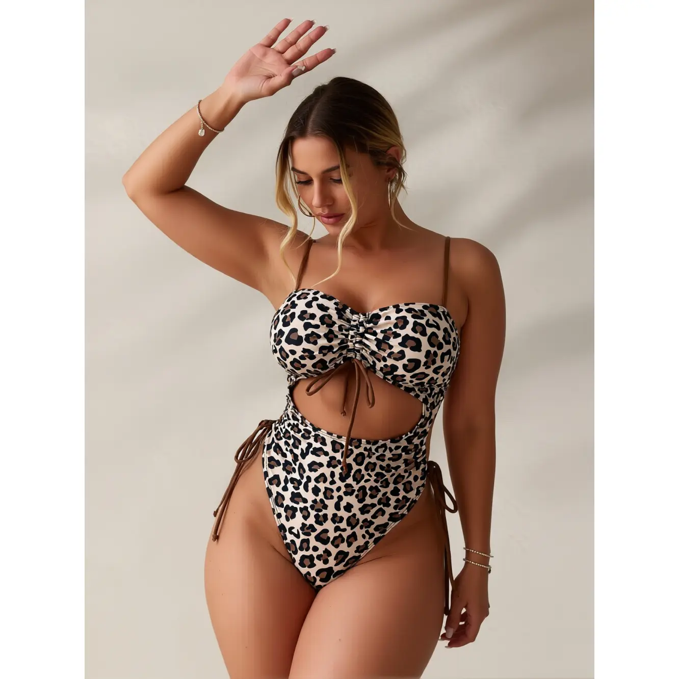 Women's 1-Piece Leopard Print Cutout Tummy Control Ruched High Leg Lace-Up Swimsuit - Curvy-Friendly Shapewear, 2026 Trendy Summer Vacay Resort Outfit
