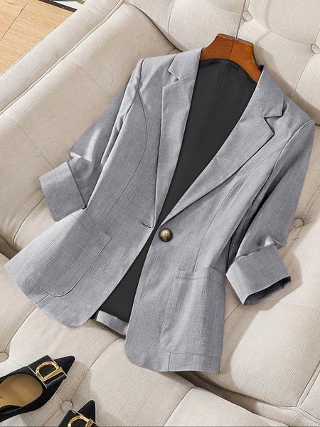 Women's Solid Color Button Front Blazer Coat, Casual Long Sleeve Outerwear for Work Office Business, Ladies Spring & Fall Woven Clothes, Fitted Womenswear