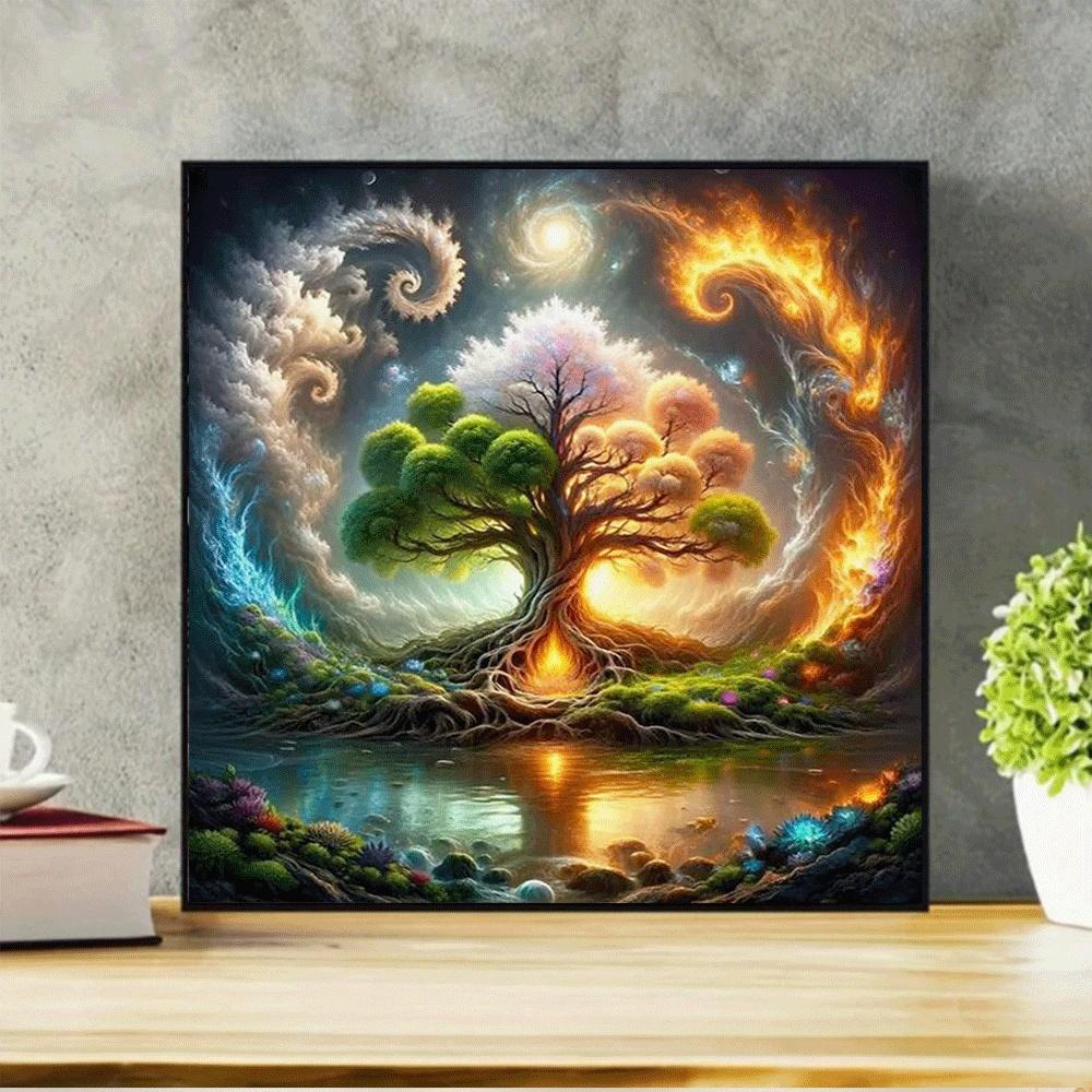 1PC,2D Mystical Tree of Life Diamond Painting Kit DIY Crystal Rhinestone Embroidery Art Craft for Home Wall Decor Fantasy Nature Landscape with Swirling Clouds and Glowing Roots Creative Gift for Adults and Kids