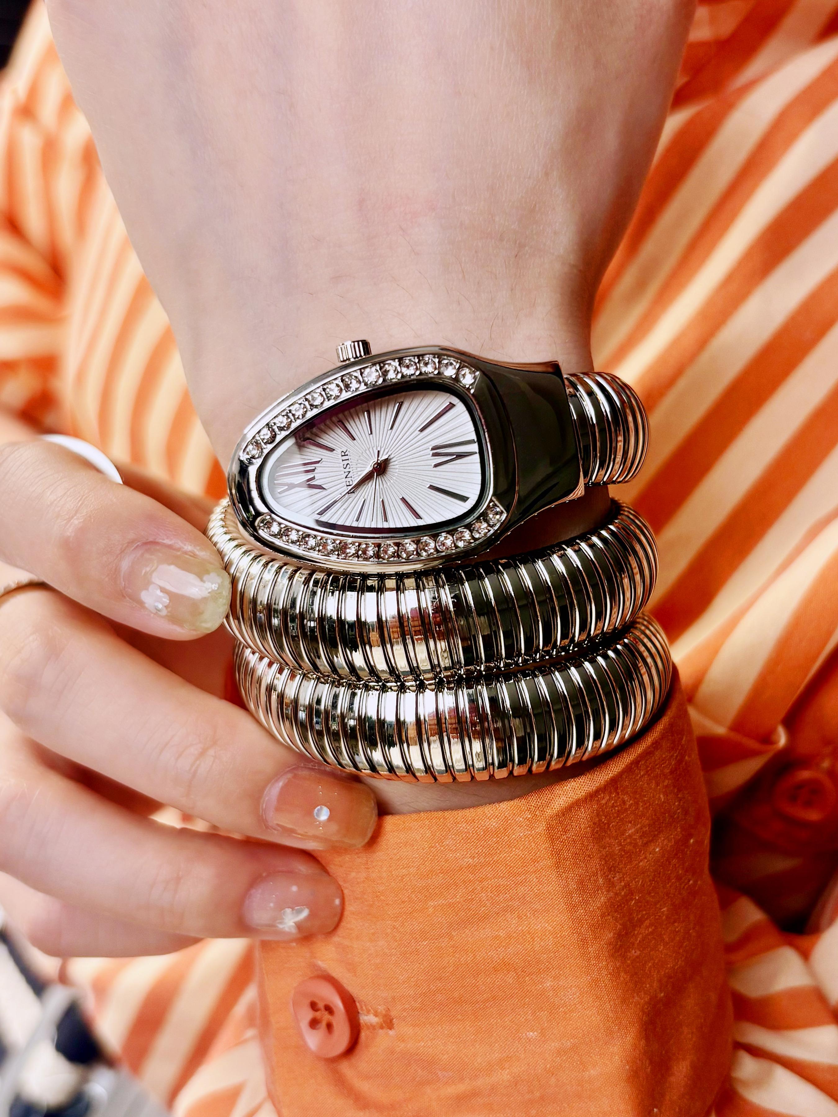 French Vintage Snake Bracelet Watch, Full Diamond Bezel, Roman Numerals Dial, Elastic Steel Band, Elegant Daily Wear, Business & Date Watch