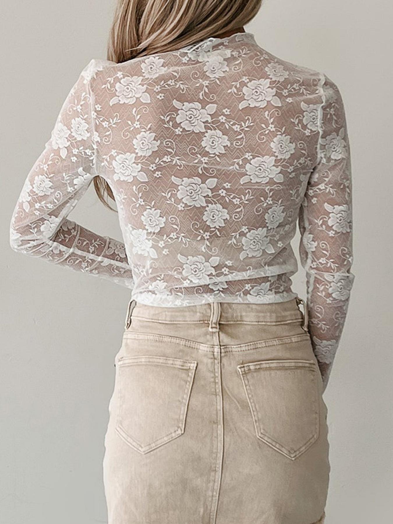 Hotapei Spring Autumn Floral Lace Mesh Halter Neck Long Sleeve Top, Elegant Women's Blouse, Breathable & Stylish Design