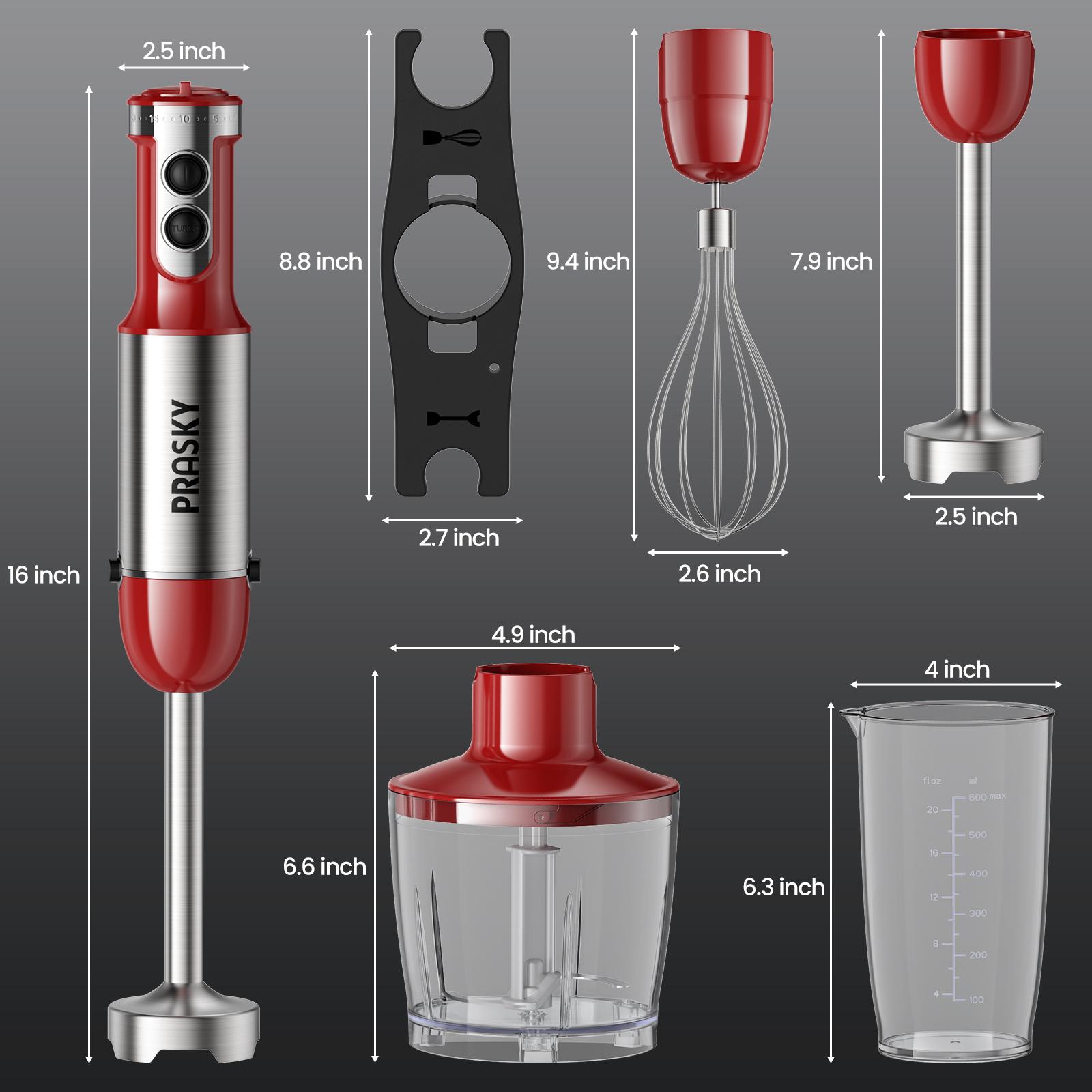 Prasky Electric Hand Blender,  Immersion 20 Adjustable Speed& 5 in 1 Hander Blender, 800ml Mixing Beaker, 600ml Chopper, Powerful and Sharp 4-leaf blades,Whisk and Milk Frother Household Appliances Multifunction Durable