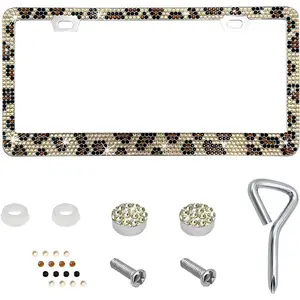 Bling License Plate Frame, Sparkly Rhinestone Car Tag Cover with Glittery Screw Caps, Stainless Steel Handcrafted Crystal Licence Plate Holder for Women, Car Accessories (Leopard Print)