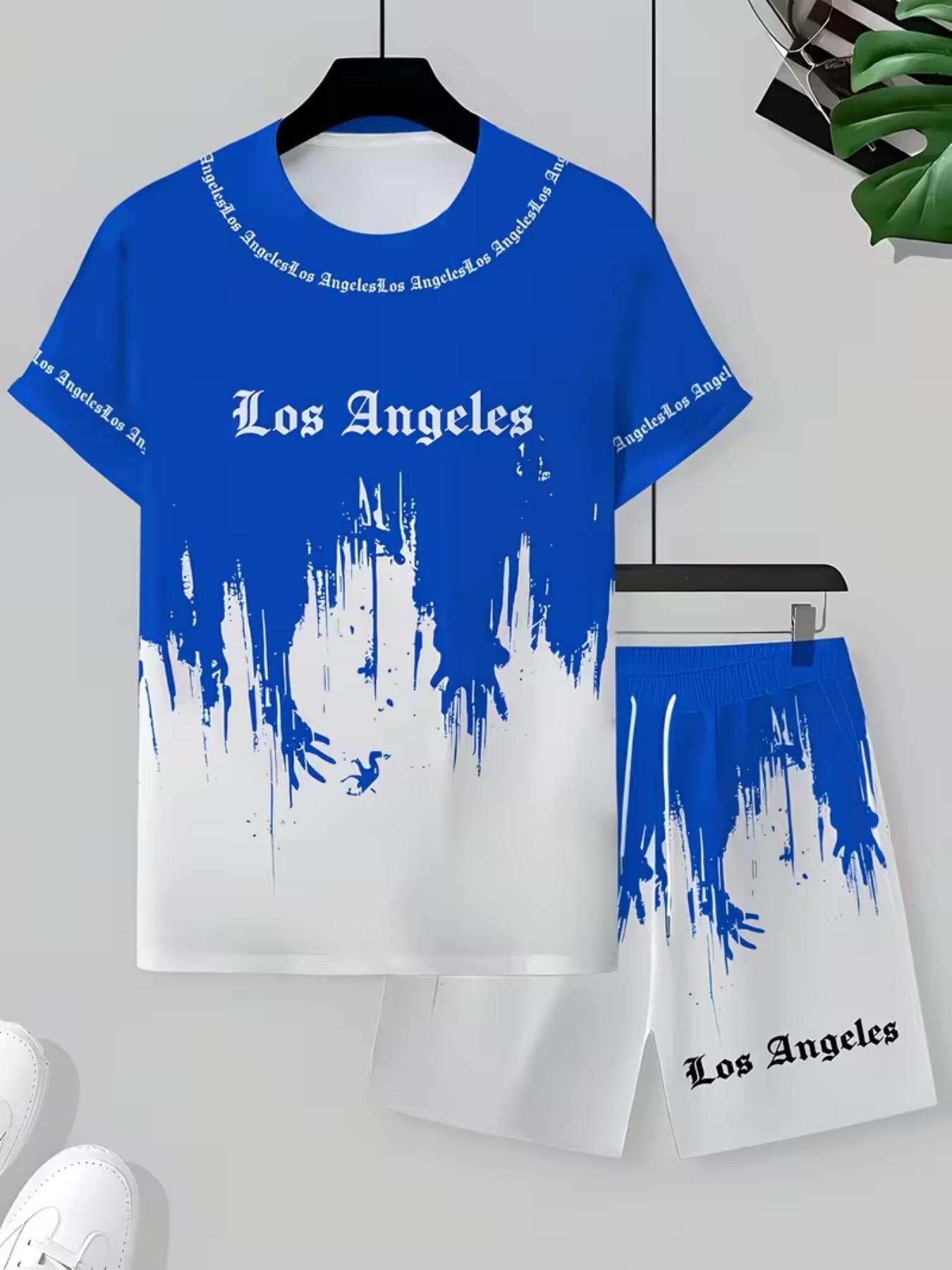 Men's Casual 2-Piece Set, Los Angeles Letter Print Short Sleeve + Shorts, Breathable Soft Summer with Drawstring Pockets