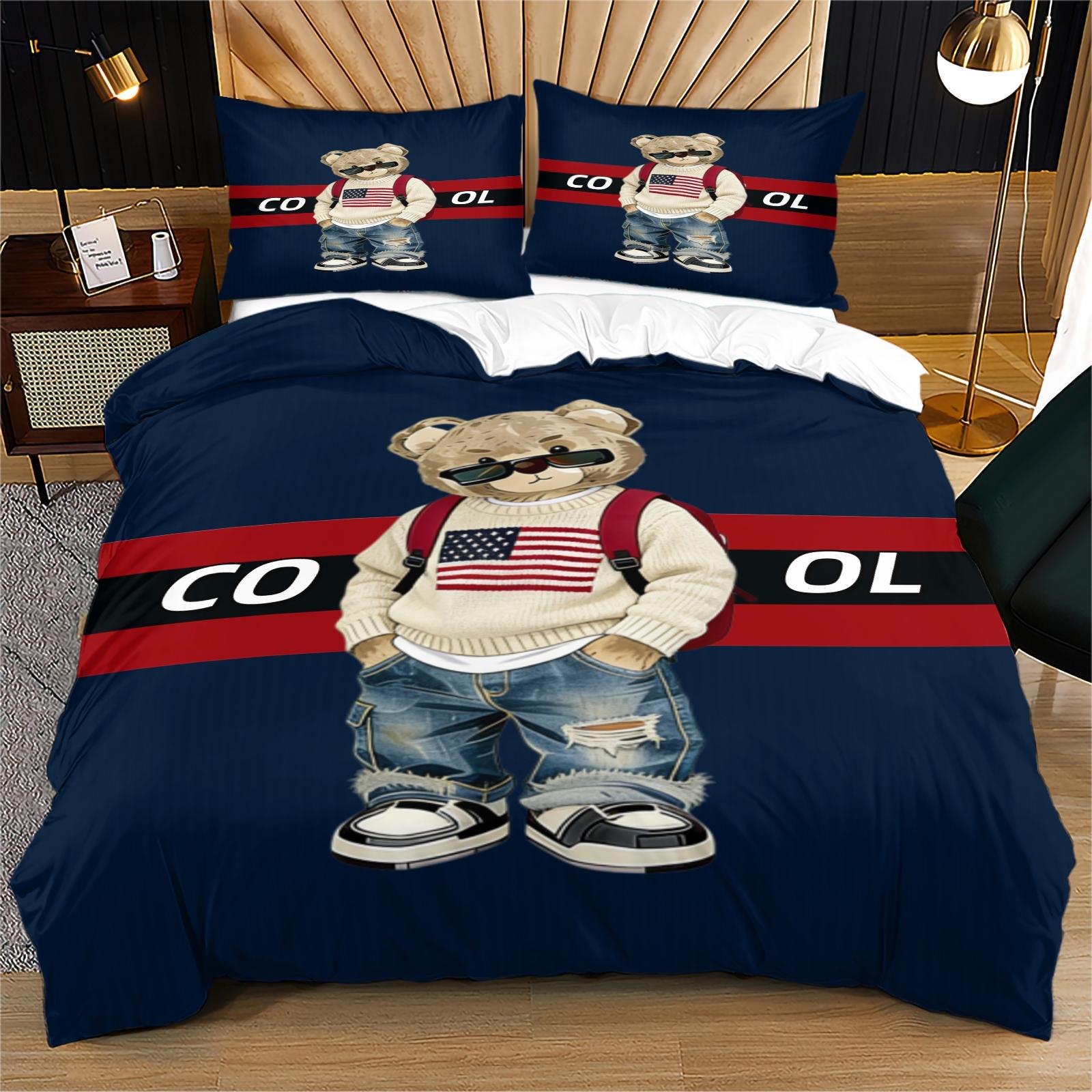 Trendy Bear Print Quilt Cover Set, includes 1 quilt cover and 1 or 2 pillowcases, does not include quilt or pillow inserts, suitable for bedroom or dormitory bedding sets, ideal for gifting or personal use