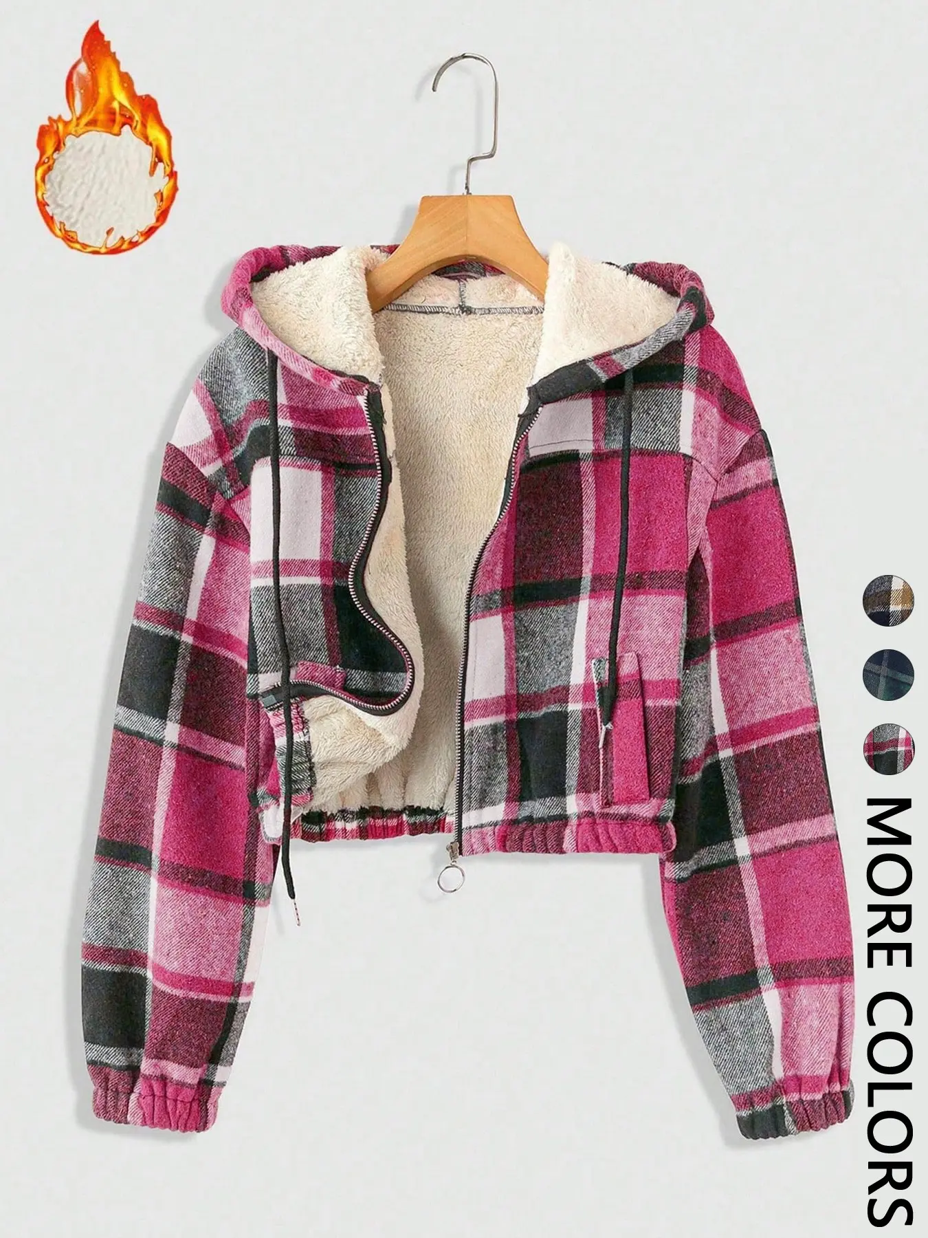 Women's chic plaid zip-up cropped hooded jacket with cozy fleece lining, drawstring hem, and long sleeves, a warm and trendy casual outerwear piece perfect for autumn, winter outings, and everyday streetwear styling.