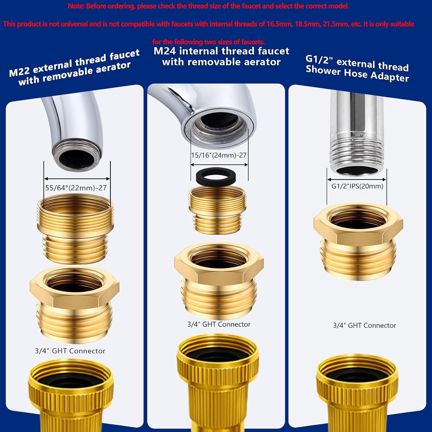 Brass Shower Hose Adapter and Faucet Adapter Kit, G1/2" Female, 55/64"-27 Female and 15/16"-27 Male to 3/4" GHT Male Garden Hose Connector, with Washer and PTFE Tape