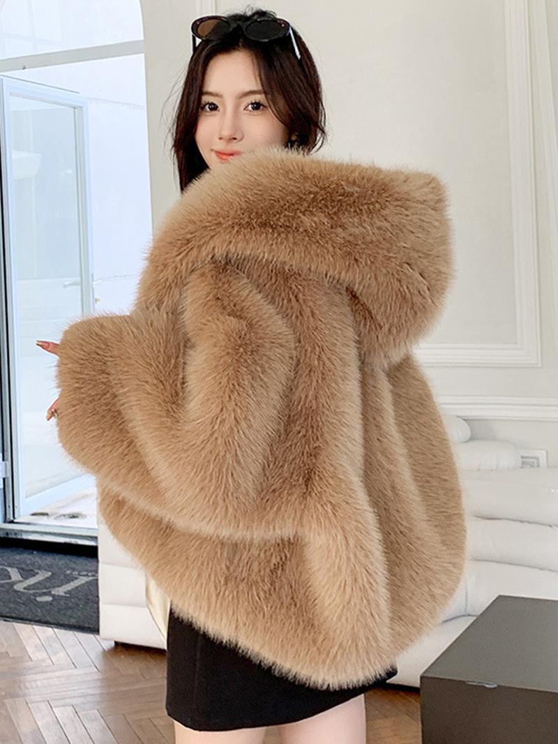 Women's Solid Color Hooded Faux Fur Coat, Casual Long Sleeve Thermal Outerwear for Fall & Winter, Women's Clothing for Daily Wear