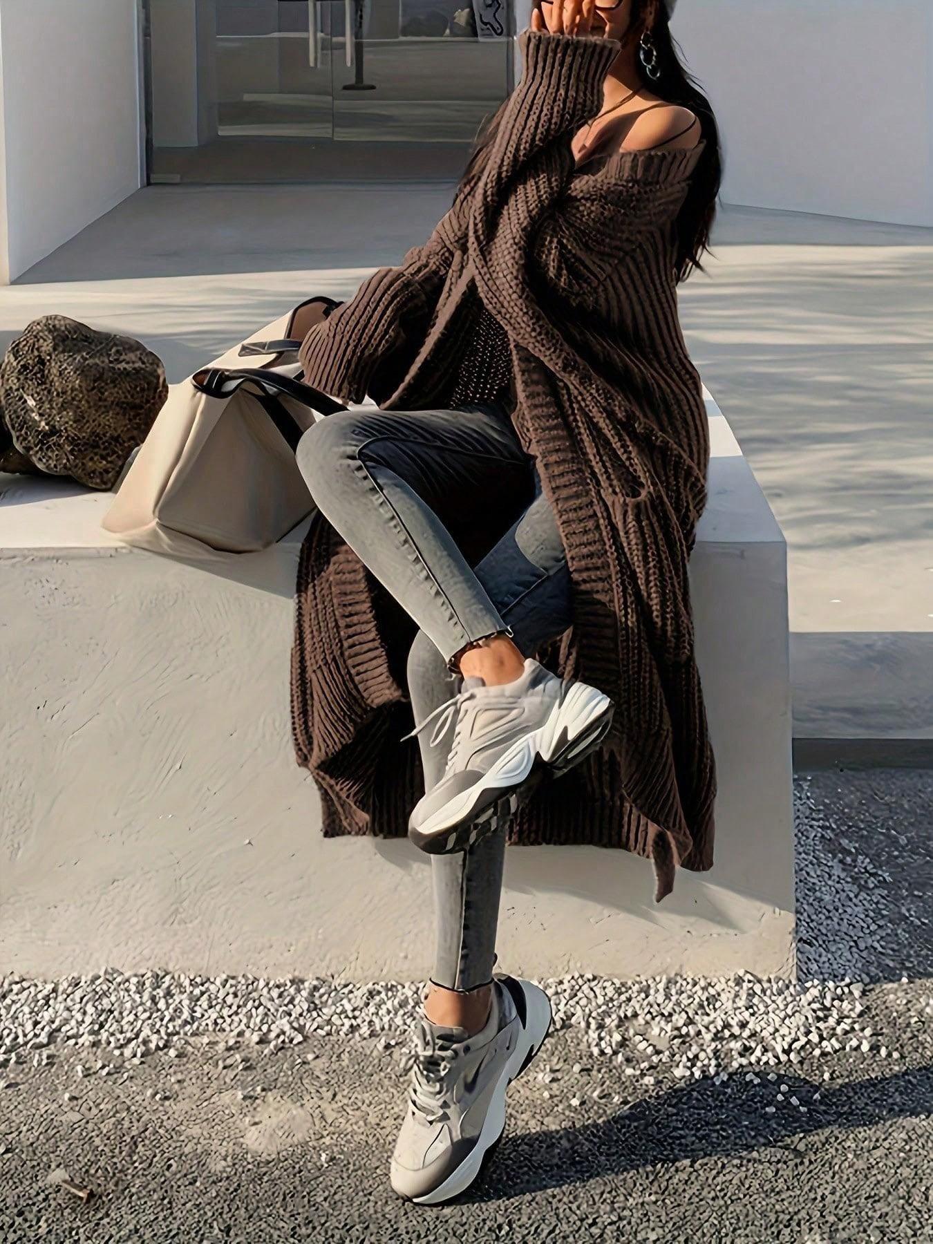 Women's Fashionable Elegant Casual Commuter Knit Long Cardigan, Long Sleeves, Stylish Versatile Outerwear for Fall and Winter, Comfortable and Warm Sweater Coat
