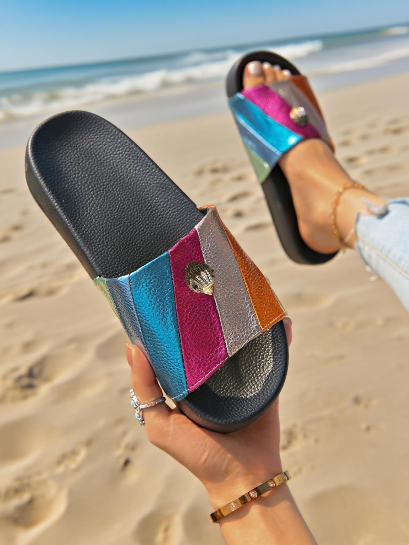 2026 New Colorblock Eagle Head Casual Sandals for Women, Summer Outdoor Rainbow Contrast Toe Posture Slippers, Flat Beach Cool Flip Flops