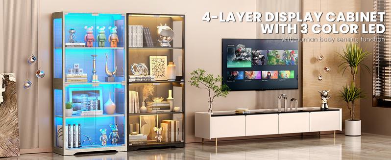 MIIFUNY Display Cabinet with Glass Doors, Storage Cabinet with 3 Color Light, 4-Tier Curio Cabinet&Bookcase for Collectibles, Toys, Books, for Playroom, Bedroom, Study Room, Black