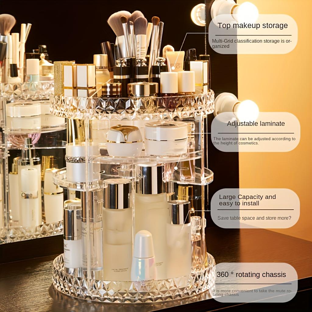 Cosmetic Storage Rack, 360 Degree Rotating Cosmetic Storage Organizer, Adjustable Cosmetic Display Box, Suitable for Rotating Tray Storage, Can Place Jewelry, Makeup Brushes and Lipstick, Transparent Acrylic Material Lightweight