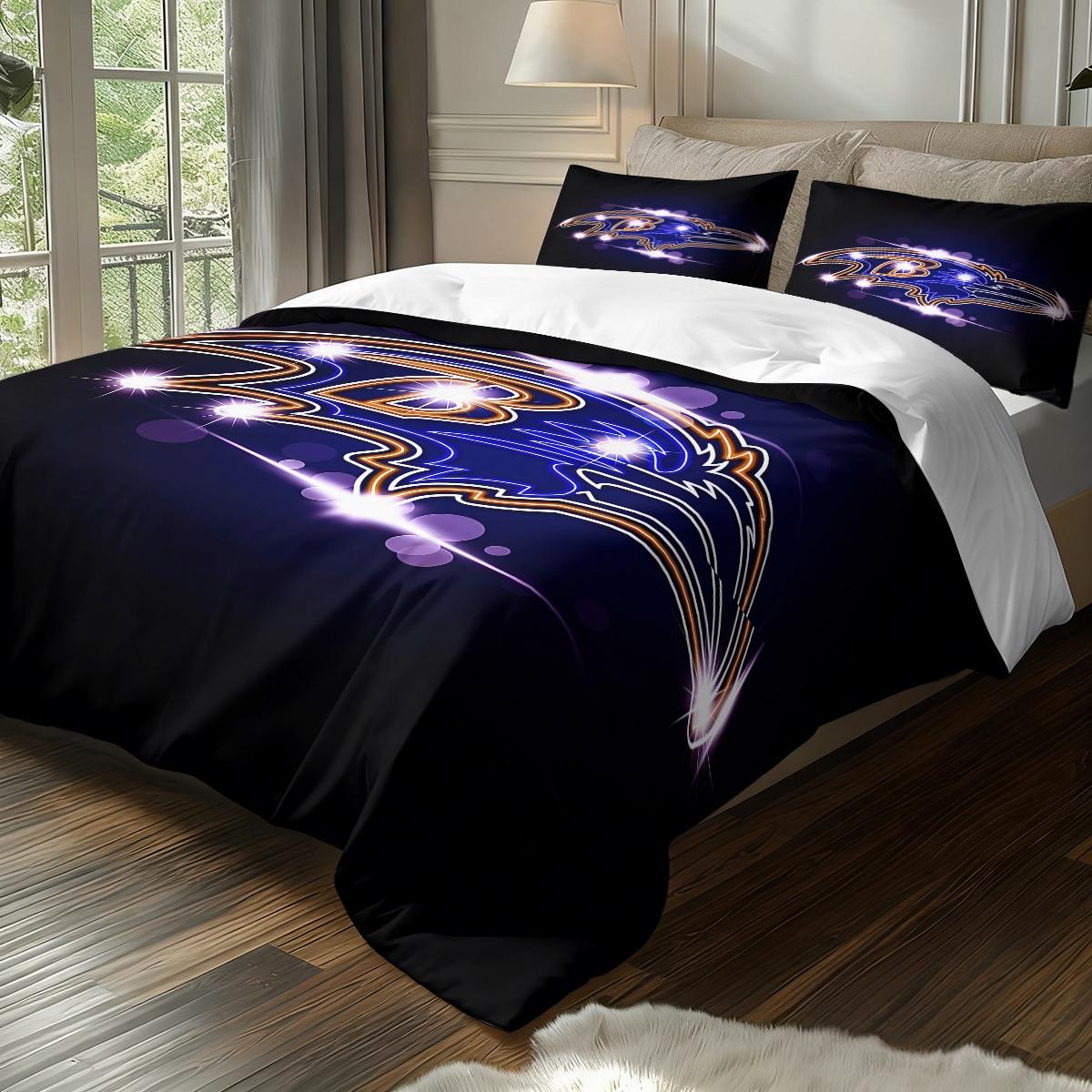 3Pcs,Baltimore Ravens  three-piece bedding set, soft, comfortable and skin-friendly, universal in all seasons, bedding set, no pillow core, no quilt core, suitable for bedrooms, guest rooms - (1 quilt cover + 2 pillowcases)