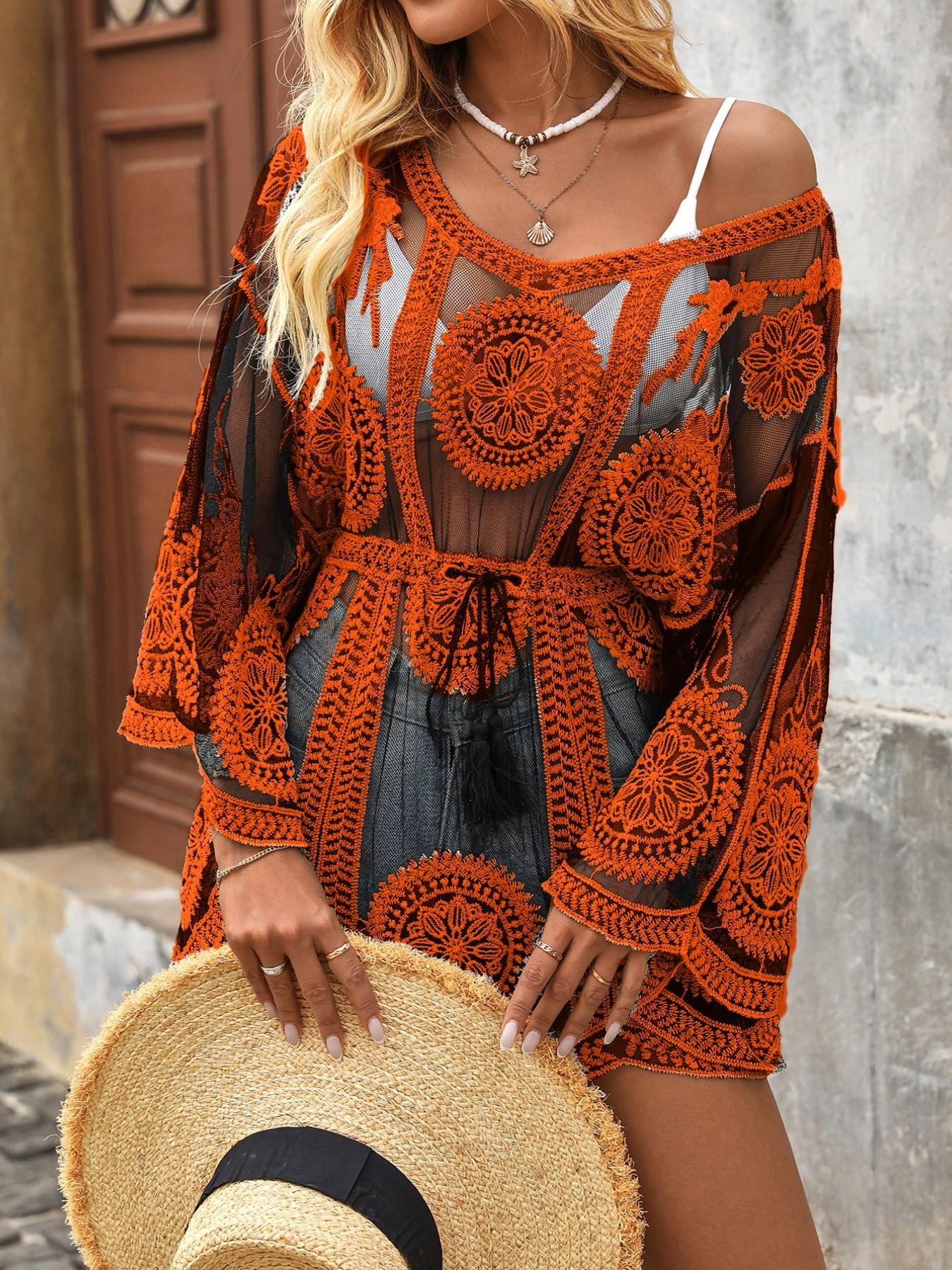 Women's Floral Pattern Batwing Sleeve Cover Up, Boho V Neck Semi-sheer Cover Up for Beach Holiday Vacation, Ladies Clothes for All Seasons