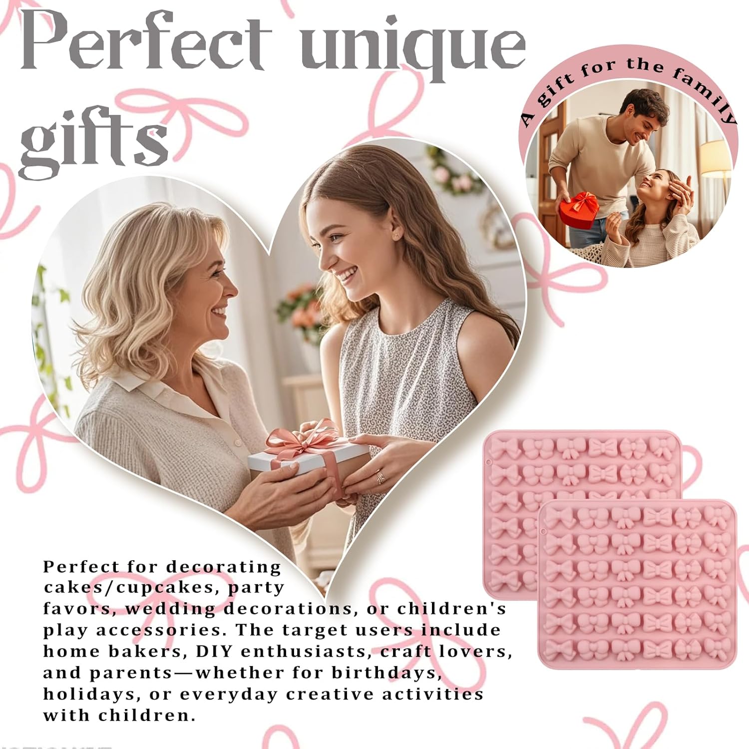 Chocolate Bow Molds, Silicone Bow Molds, 2-Pack Mini Silicone Ice Molds, Fondant Bow Molds, Suitable for Decorating Chocolates, Candies, Gummies, Sugars, Cookies, Cakes, and Cupcakes.