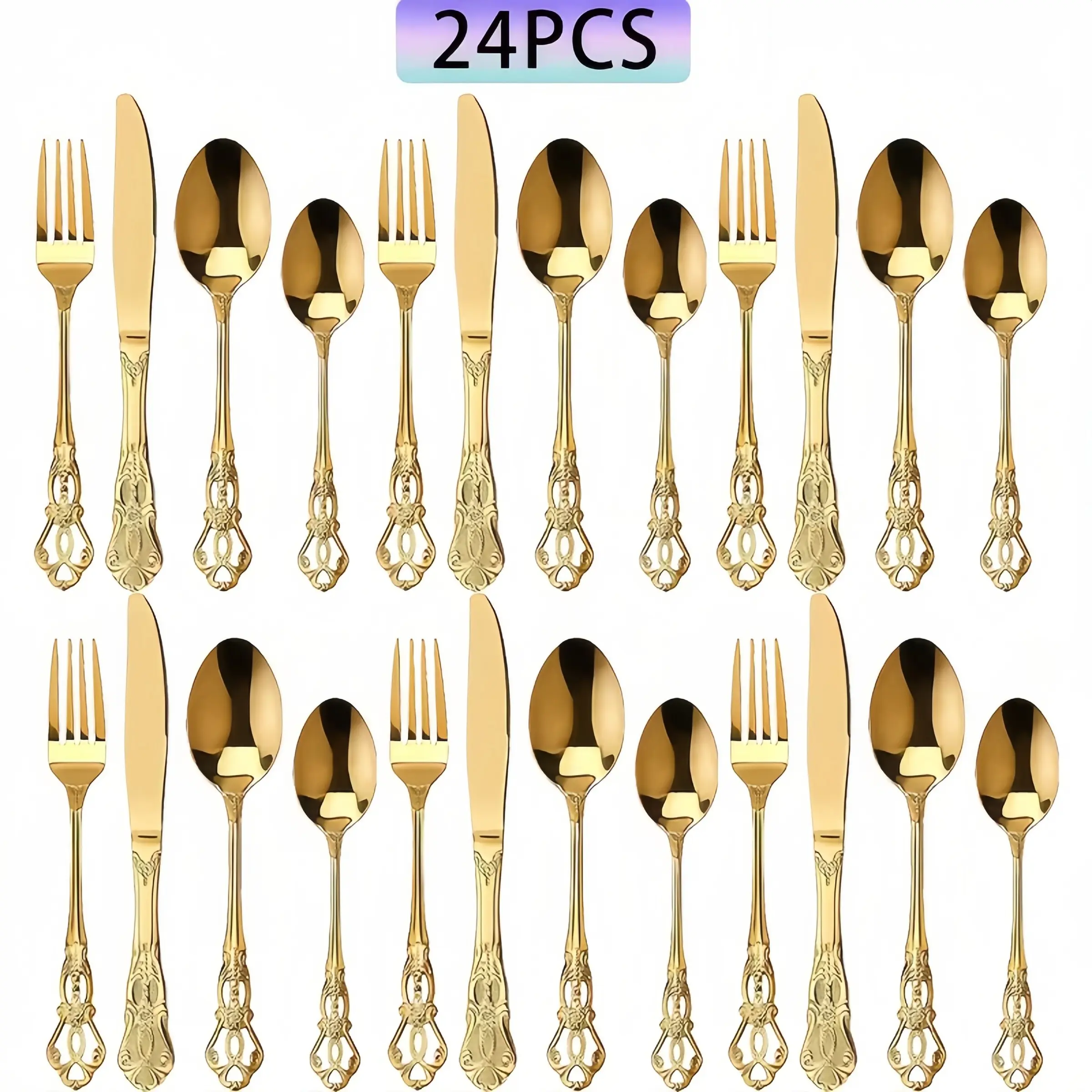 24/30 Piece Vintage Royal Cutlery Tableware Set, Stainless Steel Polished Knife Fork Spoon, Elegant Dining Utensils, Dishwasher Safe, Perfect for Events