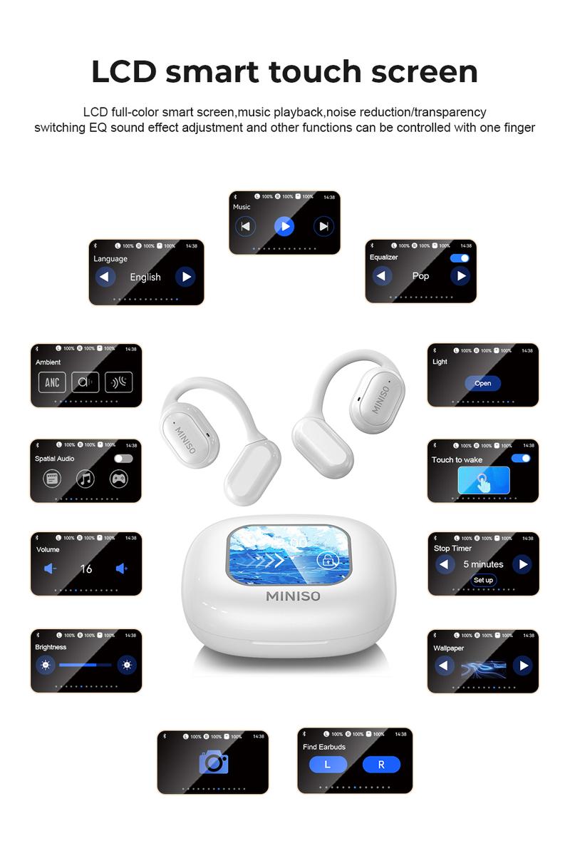 【Buy 1 Get 1 Gift Free】MINISO X30 OWS Wireless Bluetooth Earphones IPX5 Waterproof, MS502 Clip-On Ear Headphones Bluetooth 6.0 Headsets, with Heart Rate Monitoring, 35Hours Play time, Light-Weight Headphones Built-in Microphone