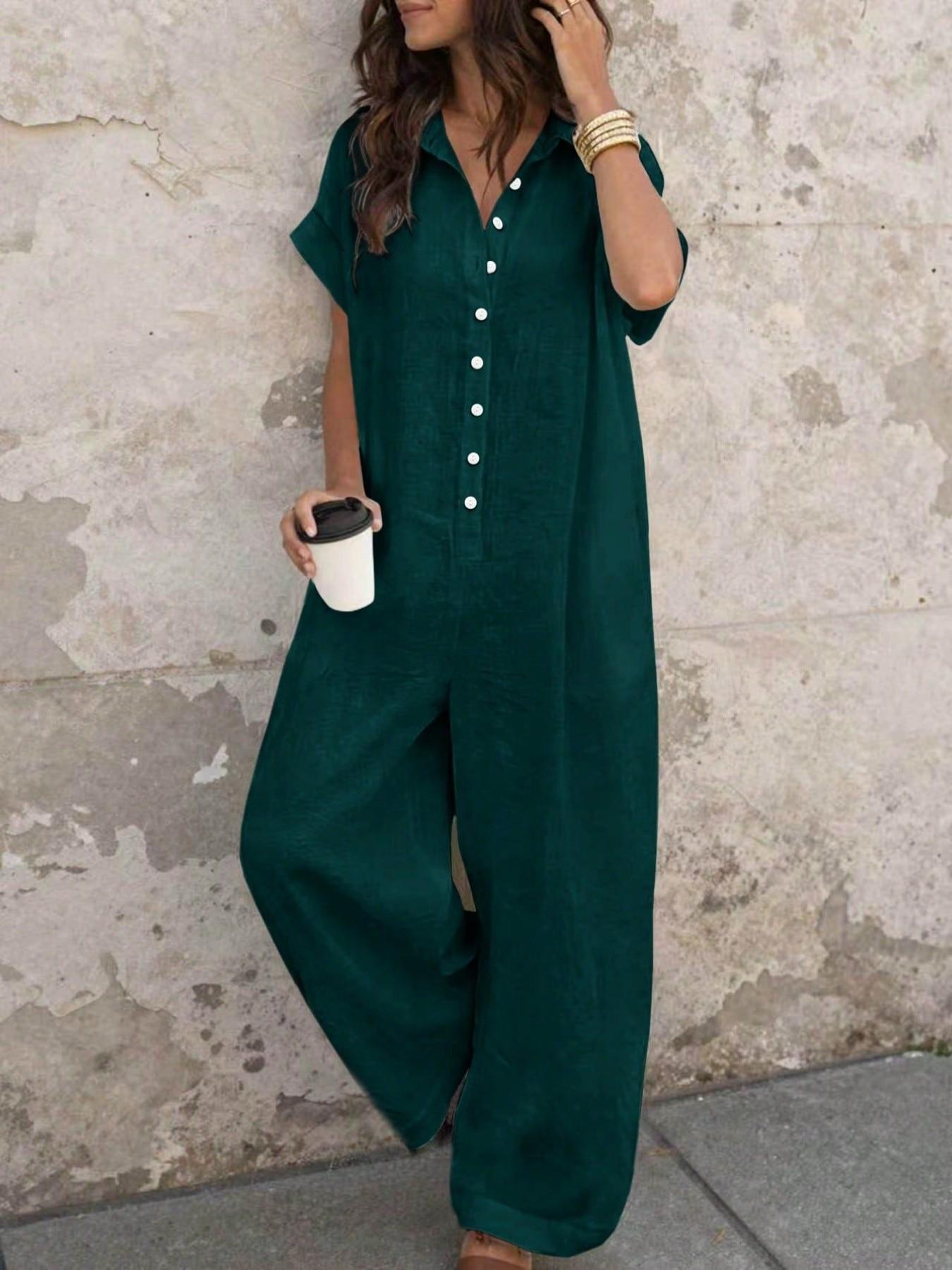 Women's Casual Loose-Fitting Breathable Jumpsuit, Summer Short Sleeve Collared Print Jumpsuit, Wide Leg Long Pants with Button Closure