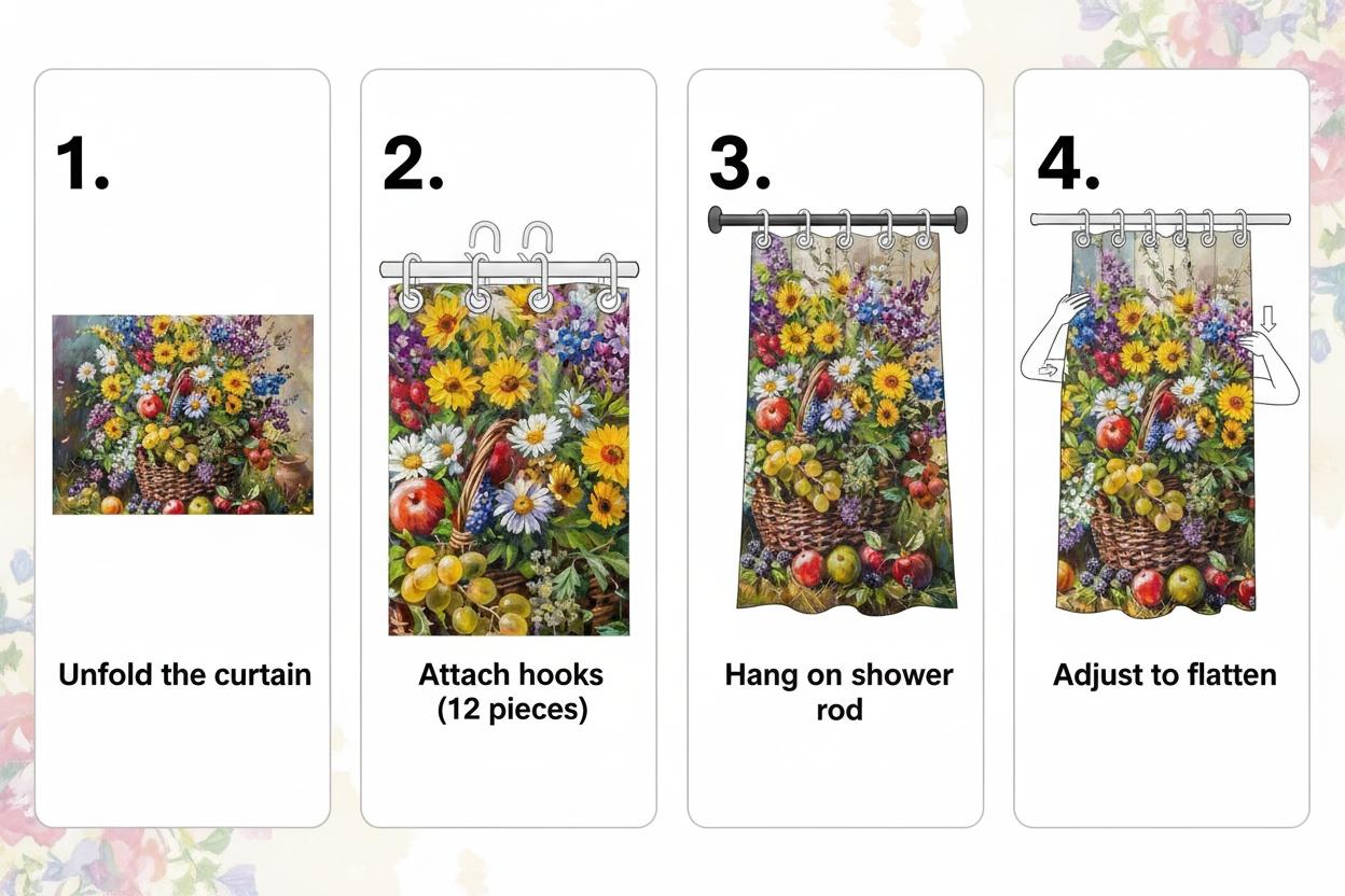 Vintage Oil Painting Style Flower Basket Bath Curtain, European Classical Artistic Bathroom Decor, Soft Polyester Material, Home Hotel Use