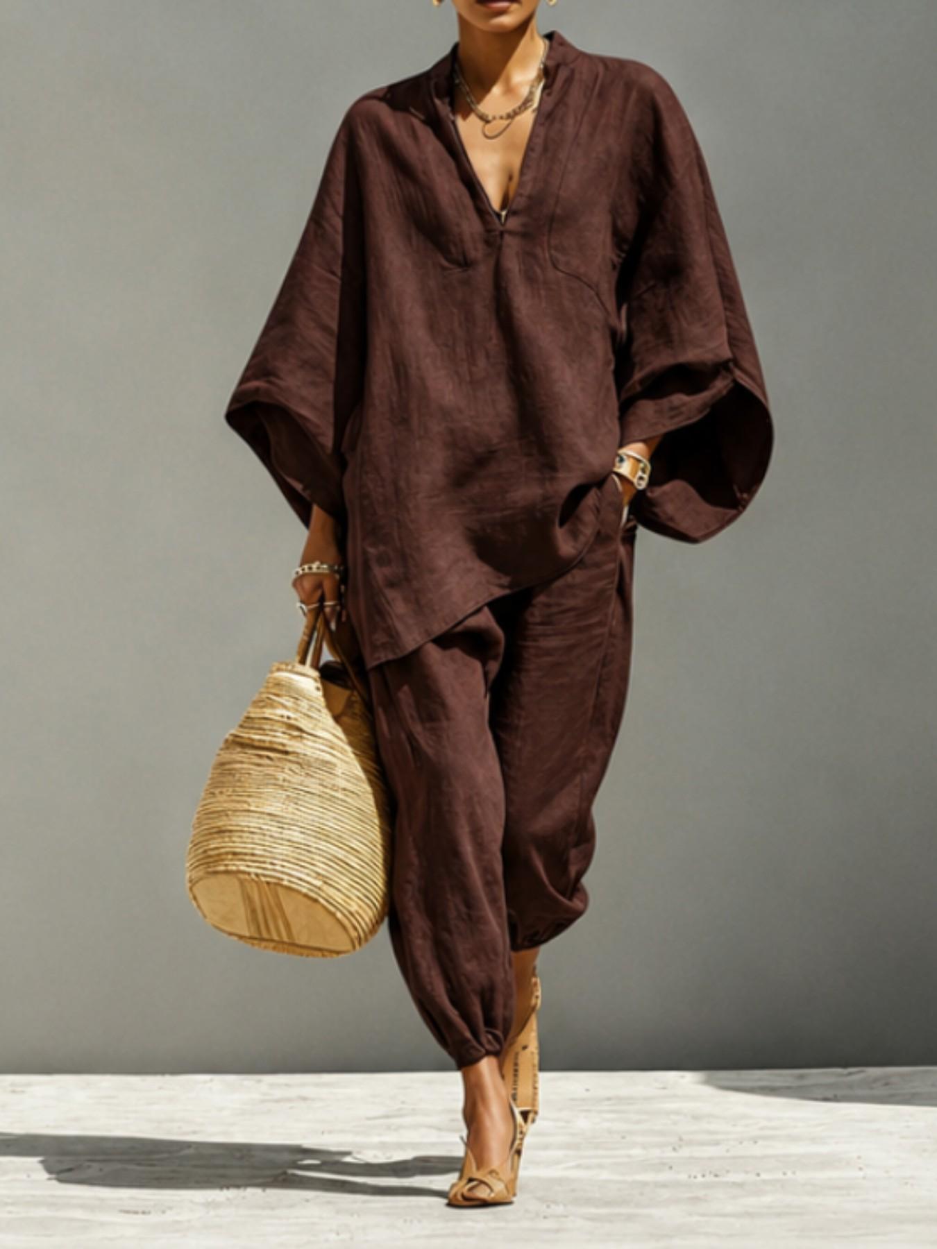 Women's Summer Loose Fit Solid Linen Deep V Neck Batwing Sleeve Pants Set, Casual Long Length, Comfortable Daily Wear, Multiple Colors Available Women's Summer Loose Fit Solid Linen Deep V Neck Batwing Sleeve Pants Set, Casual Long Length, Comfortable Daily Wear, Multiple Colors Available