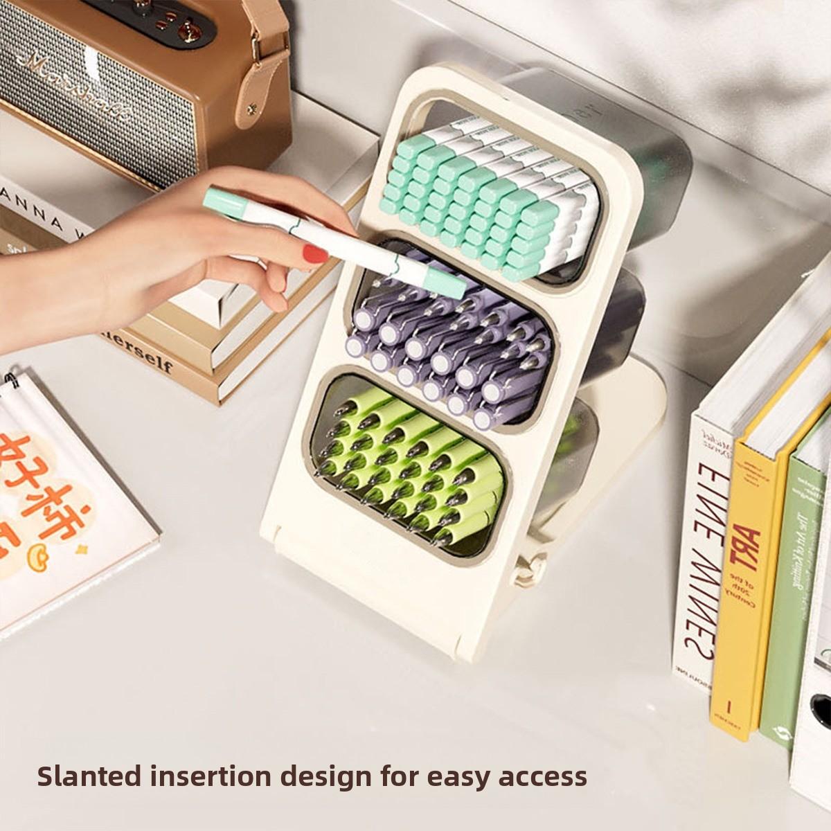1pc Tilted Pen Holder - 3-Tier Desktop Storage Box with Easy Access Slots, Large Capacity Organizer for Markers, Pens & Supplies. Aesthetic Desk Accessory for Students, Home Office, Vanity & Study. Great Gift for Back to School, Birthdays & Holidays.