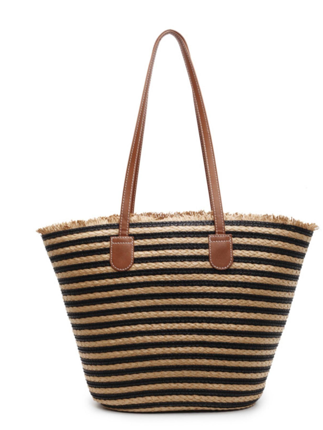 2026 New Casual Simple Large Capacity Bag, Beach Vacation Straw Basket Bag, Striped Shoulder Tote Bag, Elegant Style