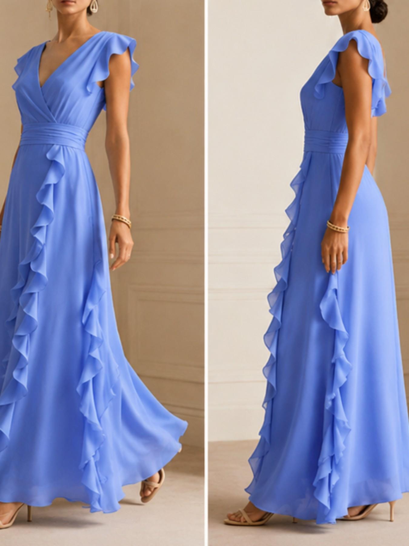 【XX72 Exclusive】Women’s Elegant Maxi Dress, V Neck Ruffle Dress, Flutter Sleeve Wrap, Formal Long Dress, Wedding Guest Evening Party Gown