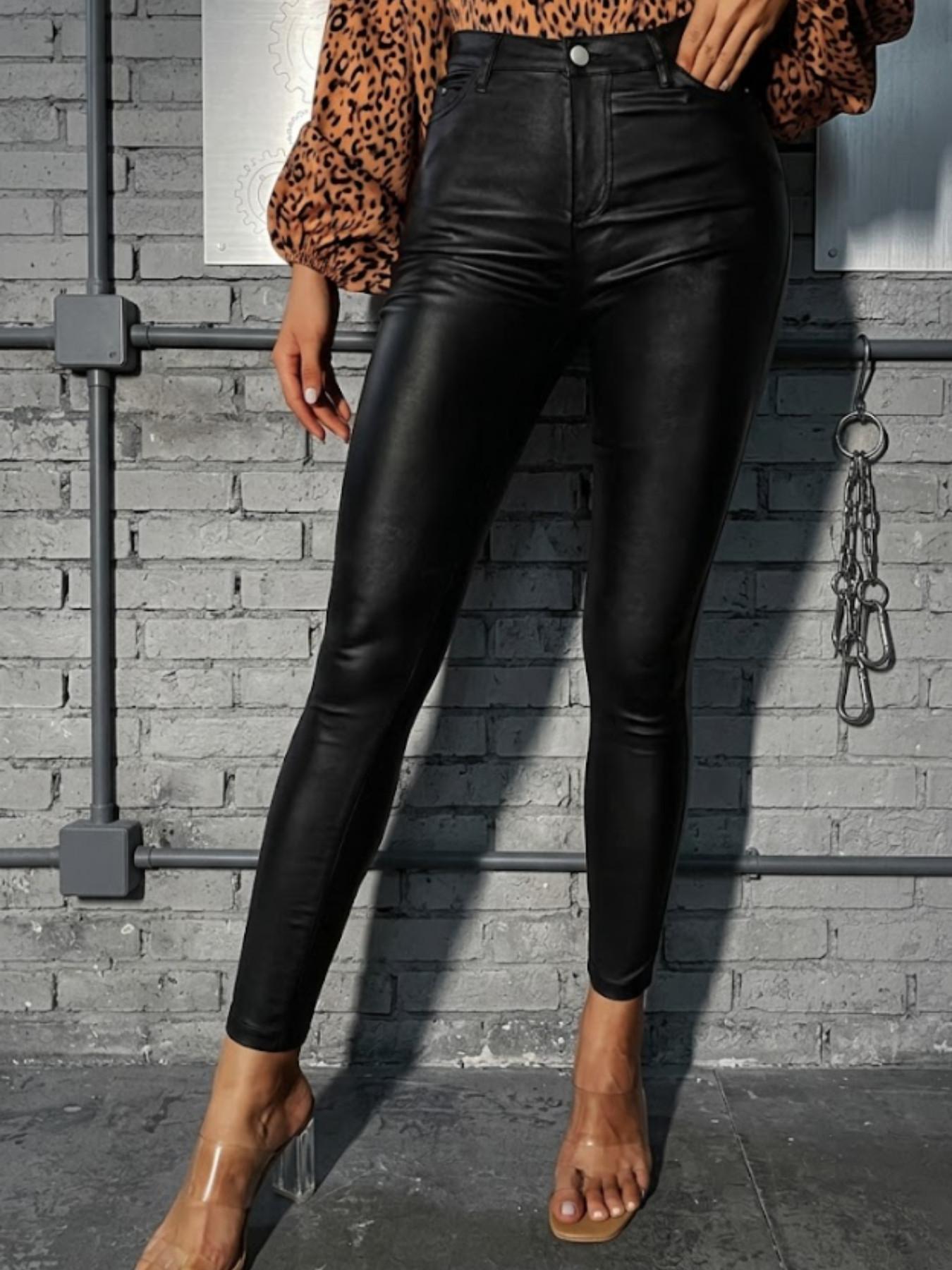 Women's High Waist Elastic Button Shaping Butt Lifting PU Leather Tight Pants, Perfect for, Parties & Nightclubs