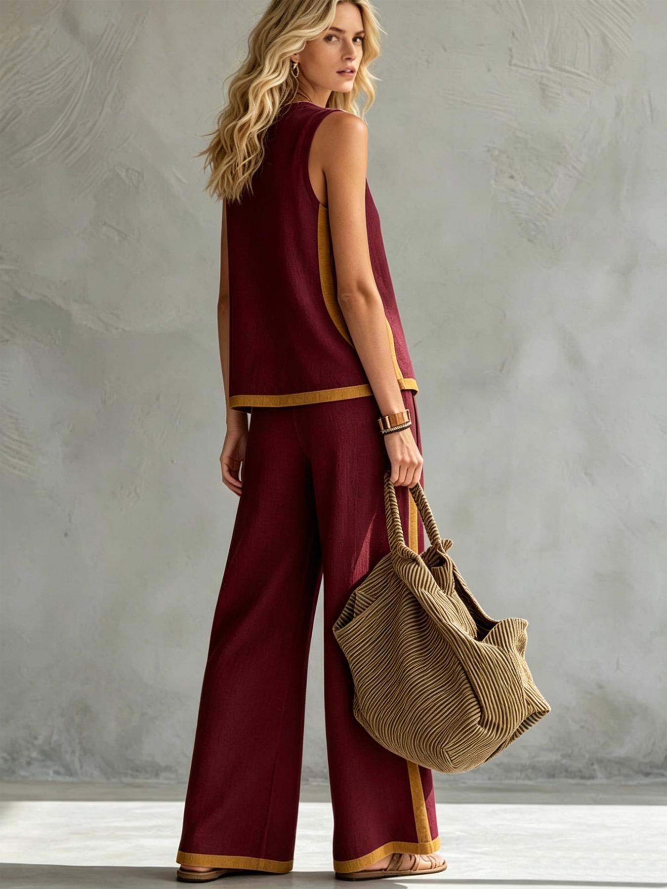 Women's Casual Loose color blocked sleeveless wide leg two-piece set, Colorblock casual set, with breathable surface suitable for commuting, daily wear. Multiple colors available