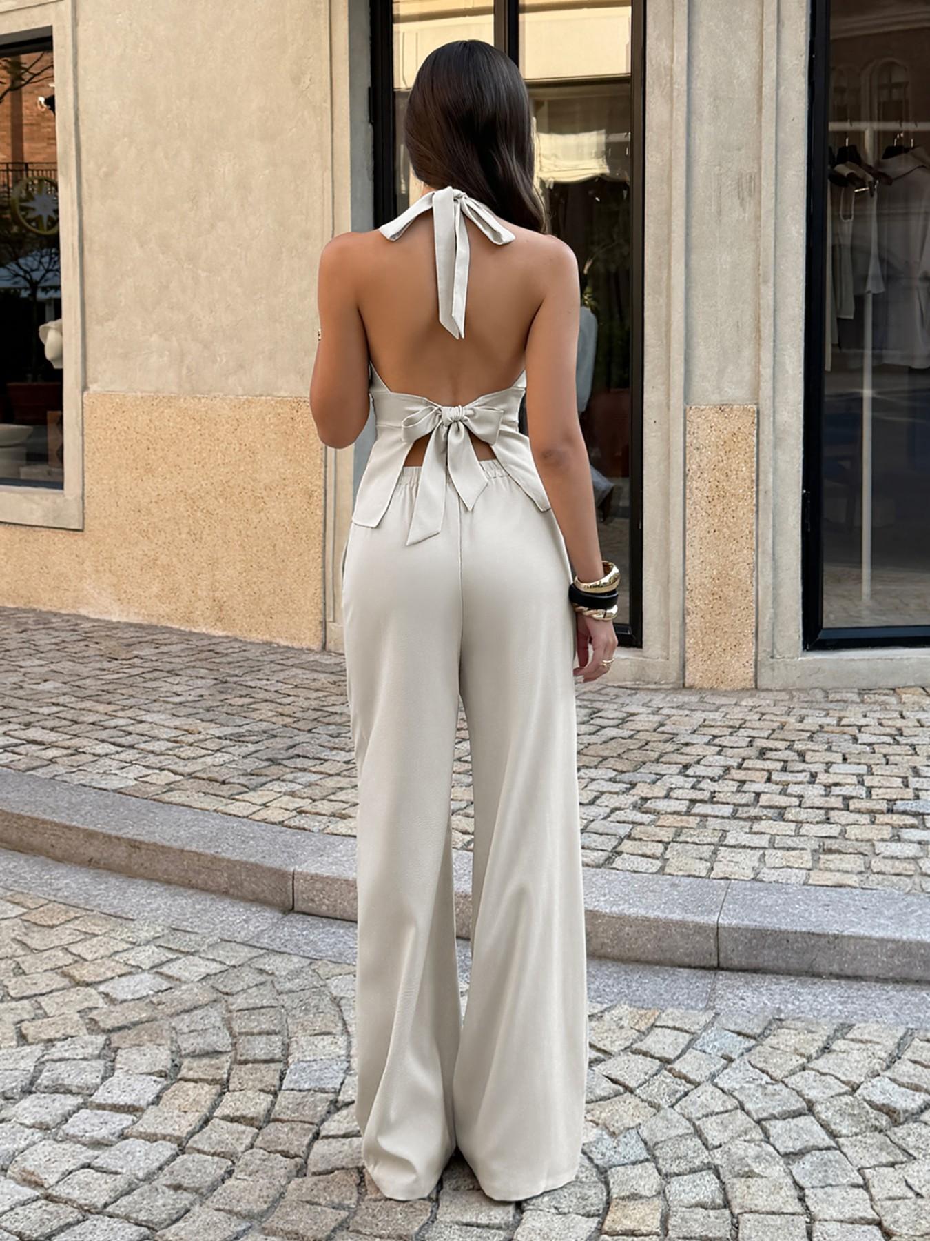 Elegant V-Neck Backless Sleeveless Crop Top Set, Halter Neck Design, Perfect for Daily Wear & Office, Stylish Women's Clothing Collection, Womenswear