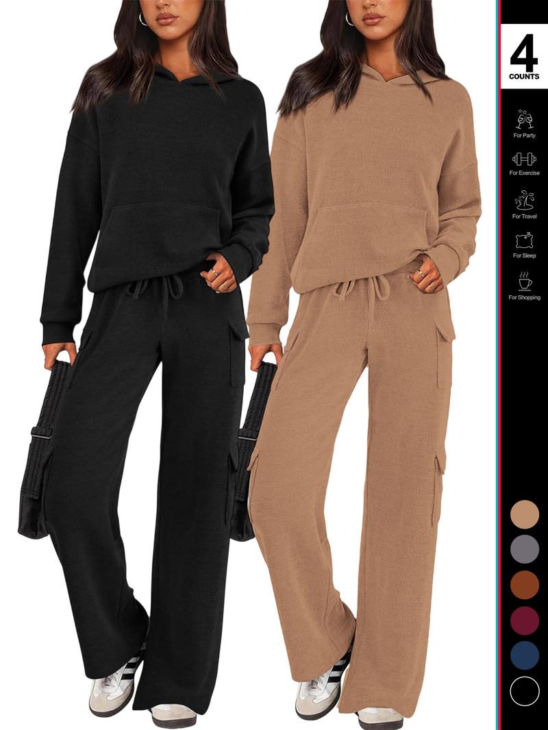 2026 Womens Fall Outfit 2-Piece Knitted SetsHoodie Tracksuits Wide Leg Pants With Pocket AndDrawString Long Sleeve Hooded Kangoroo Pocket TopsKnitwear Sporty Loungwear, Womenswear Travel Outfit