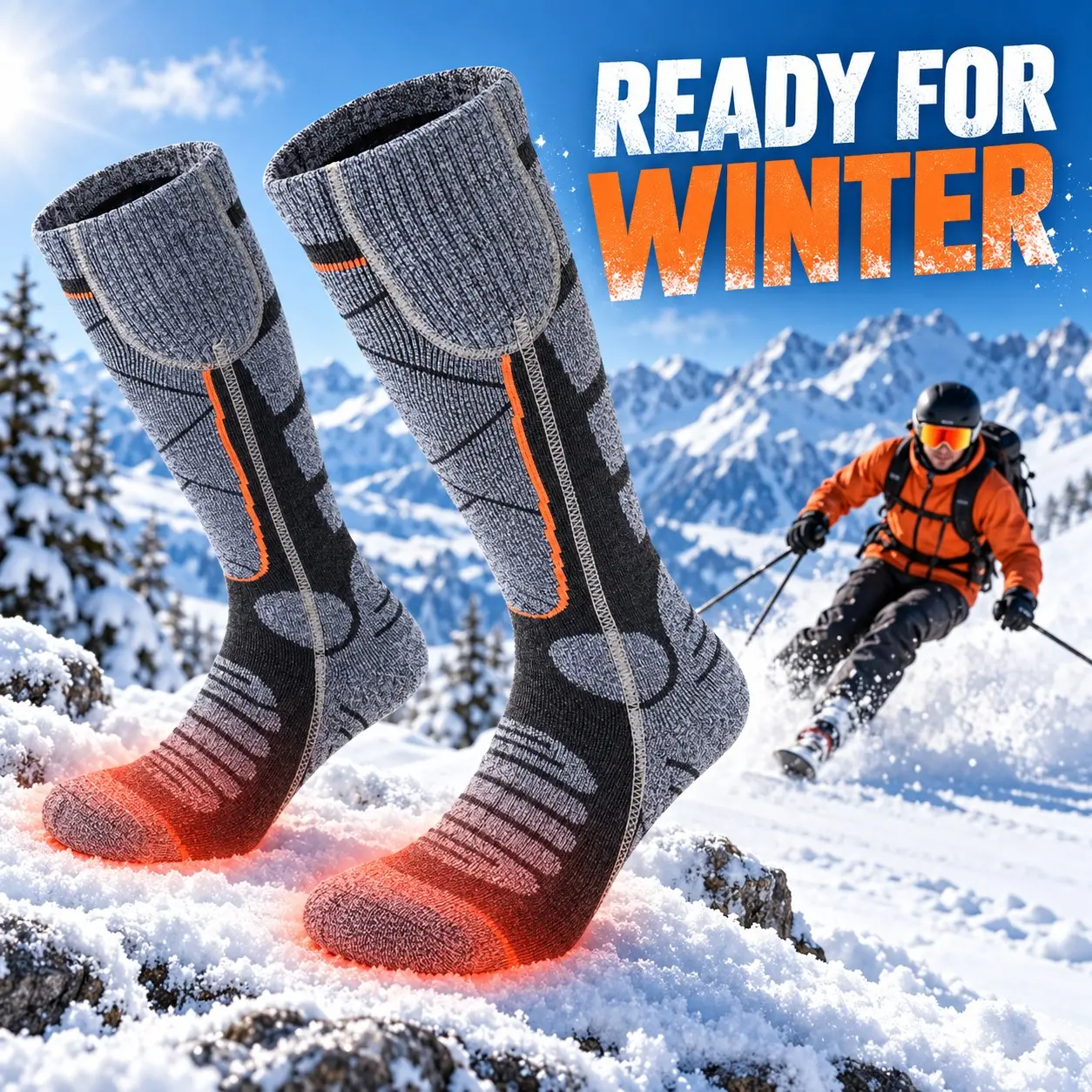 USB Heated Warm Socks for Men and Women, Long Cuff Electric Heating Socks, Soft Elastic Toe Warmer, Ideal for Skiing, Cycling, Hiking, Camping