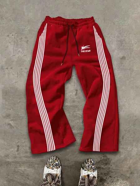 Men's Y2K Street Style Loose-Fit Straight Leg Sweatpants, Athleisure Style Bottoms, with Stripes & the Star Print, Casual Drawstring Waist Pants