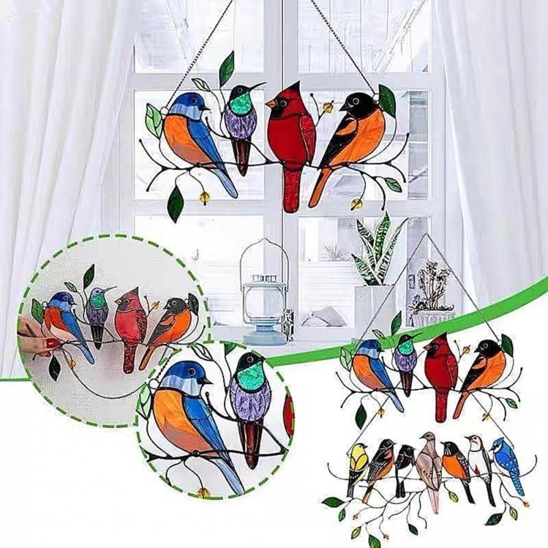 Stained Glass Window Hanging - Suncatcher Stained Glass Birds on Branch, Sun Catcher Crystals Hanging Rainbow Maker,Sun Catchers for Indoor Window Doors Room Home Decoration Hummingbird Gifts for Bird Lovers
