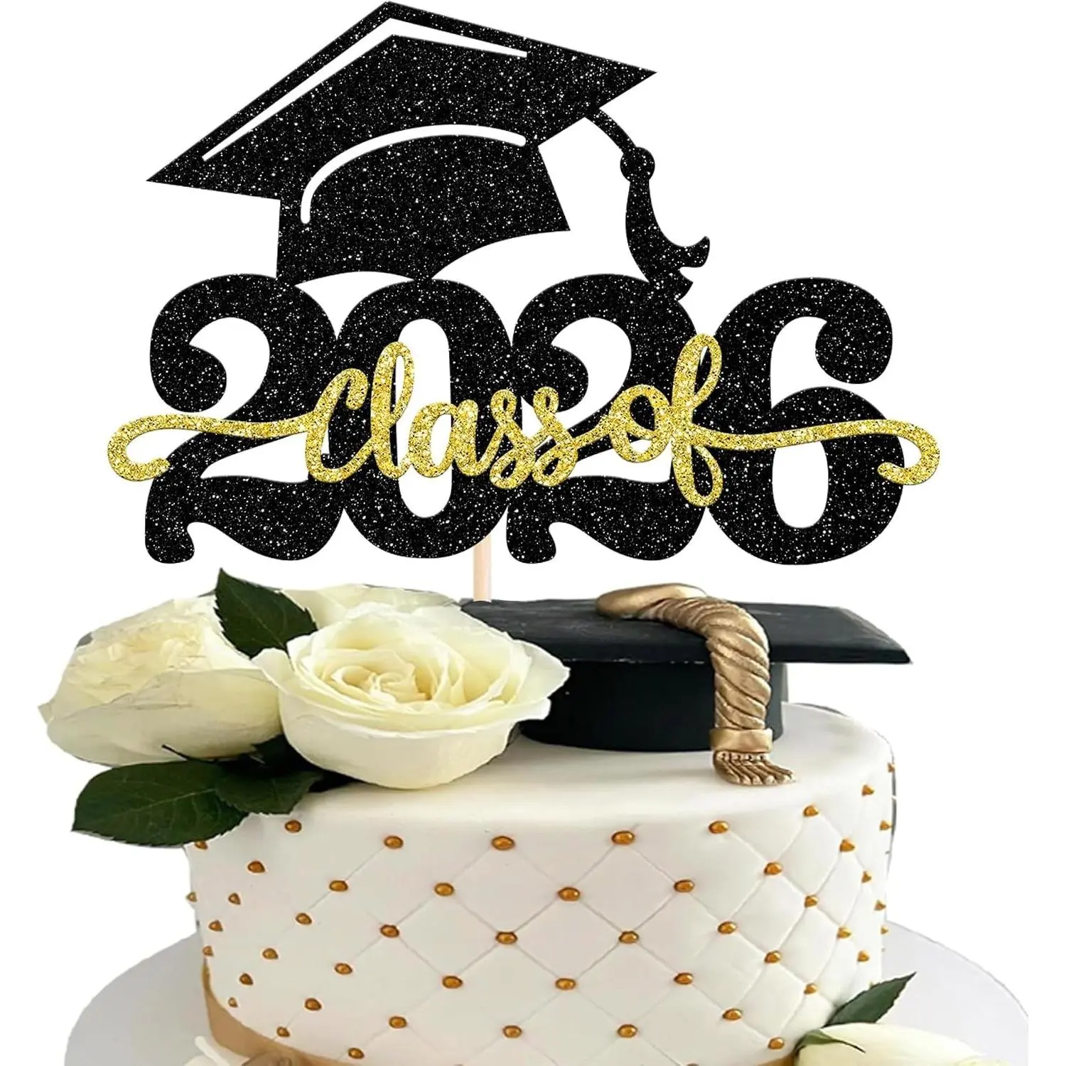 1 Pack Class of 2026 Cake Topper Glitter Congrats Grad Cap 2026 Graduation Cake Pick for 2026 Graduation Theme High School Boys Girls Graduate Party Cake Decorations Supplies Black Gold
