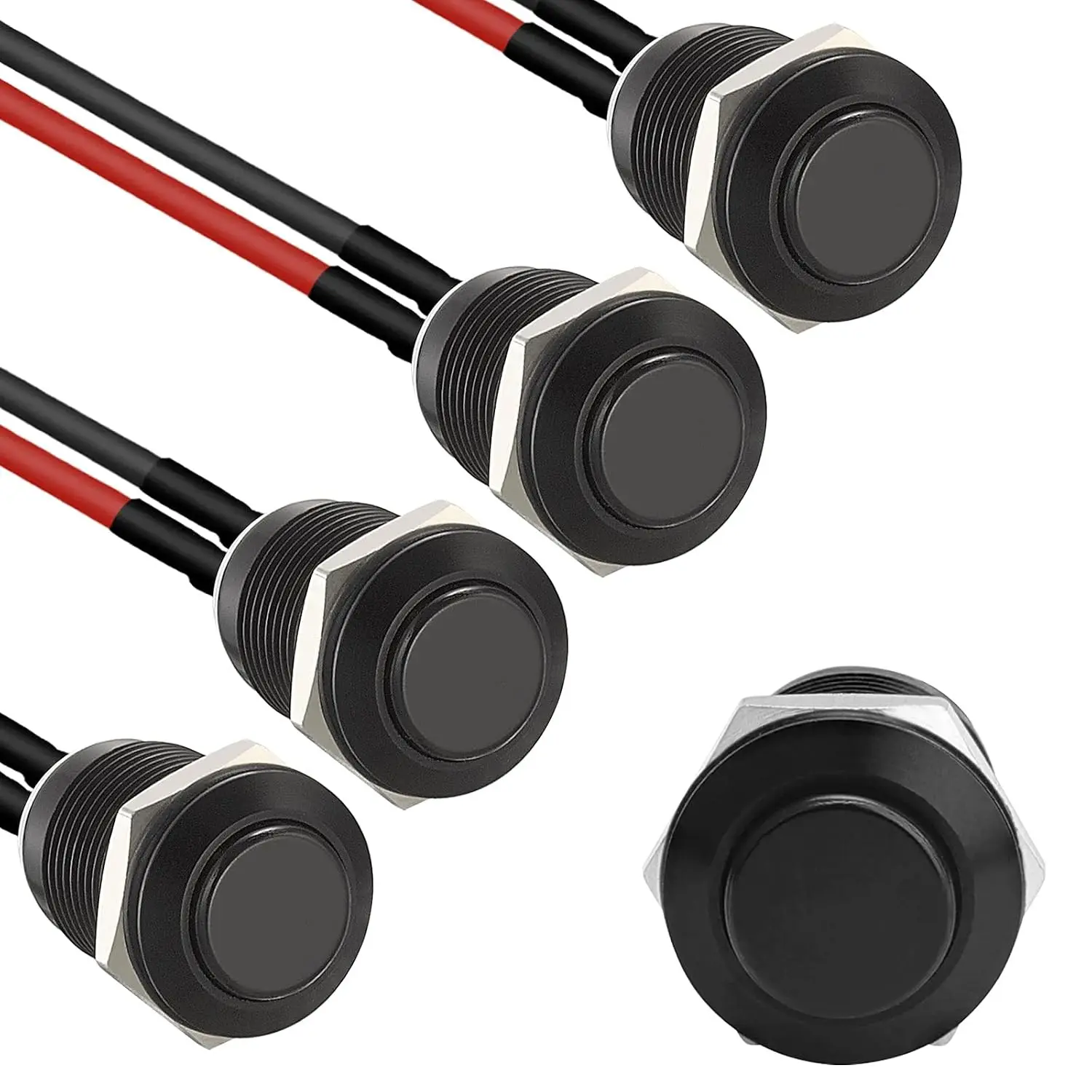 5pcs 12mm Momentary Push Button Switch Black Shell with Pre-Wiring, IP65 Waterproof, Aluminum Alloy, 1 Normally Open Without LED