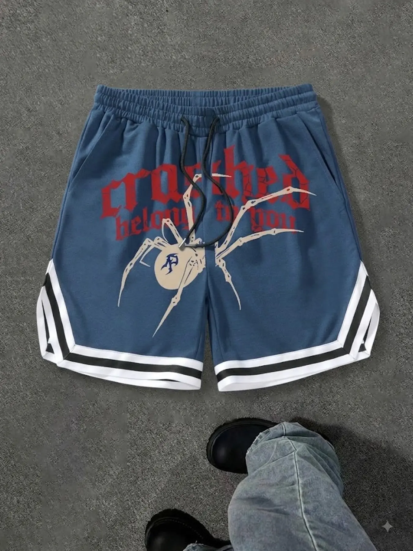 Men's Vintage Gothic Basketball Shorts, Spider Print, Crushed Belong to You Font Mesh Shorts, Drawstring Waist Loose Fit Street Style, Athletic Activewear, Breathable Printed Shorts, Drawstring Sports Shorts