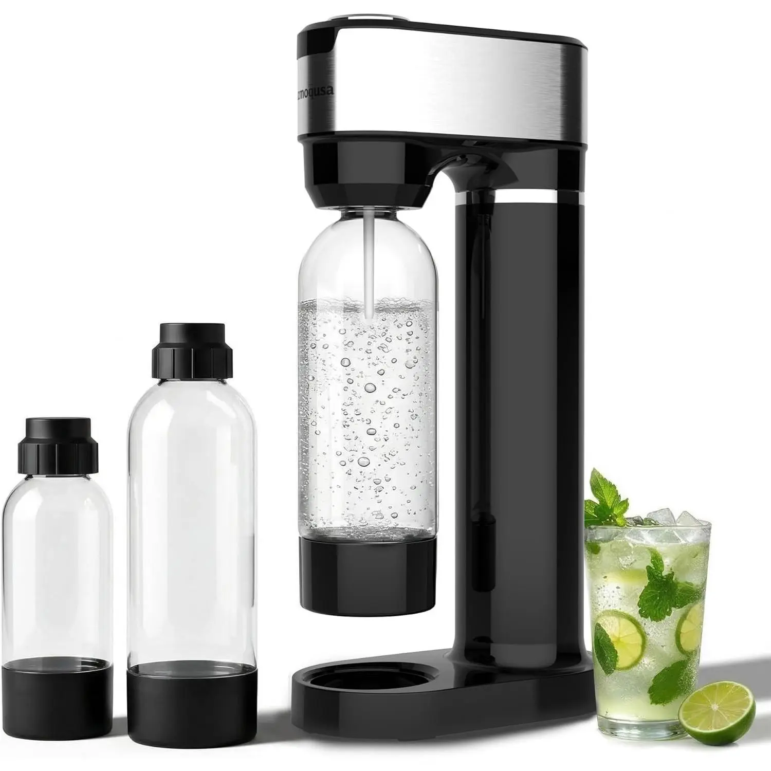 Sparkling Water Maker for Home, Soda Streaming Maker with 2 BPA free Bottles(1L + 0.5L) Carbonated Water Seltzer Fizzy Drink Machine, Compatible with Screw-in 60L CO2 Carbonator(NOT Included) (Black)